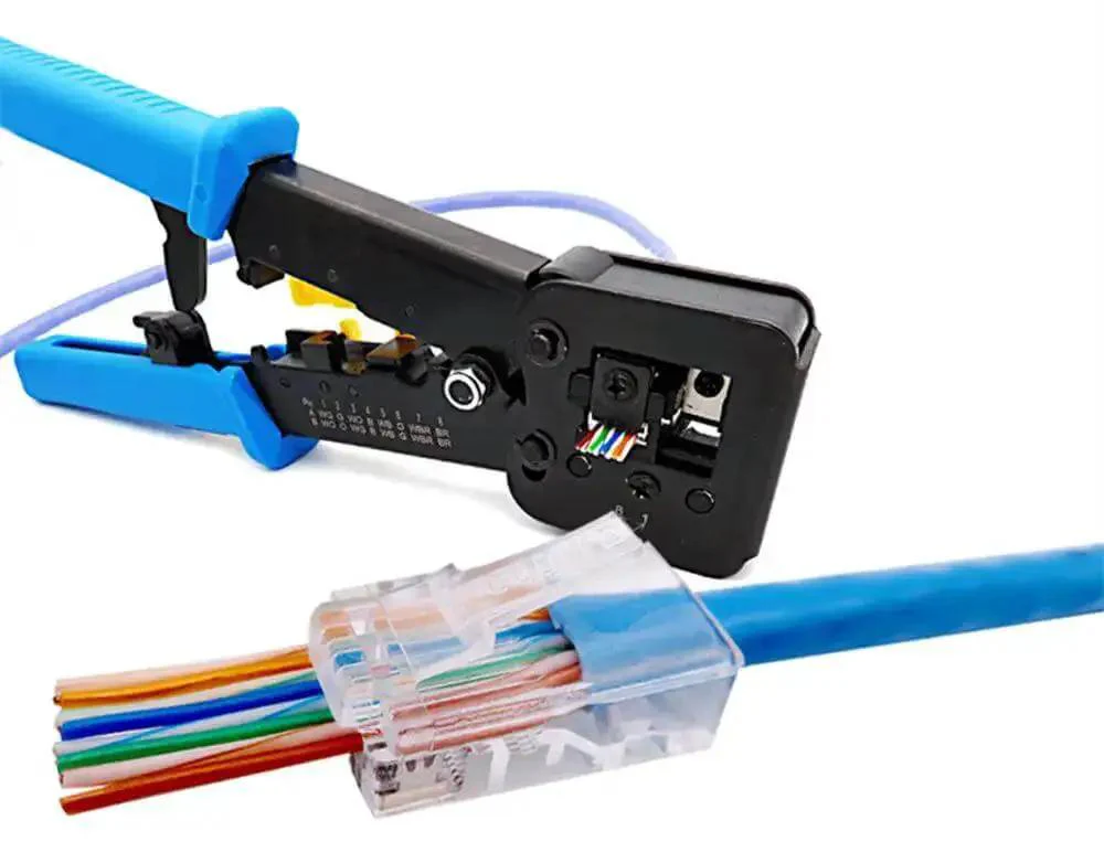 Pro Grade RJ45 Crimp Tool Pass Through Kit With 5 Replacement 8 Pin Blades For Cat5 Cat5e Cat6 Ethernet Cables RJ11 RJ12 End And Regular Pass Through Connectors Cuts Strips And Crimps Twisted Pair Cable Includes 1 Tool And 5 Blades - Image 2