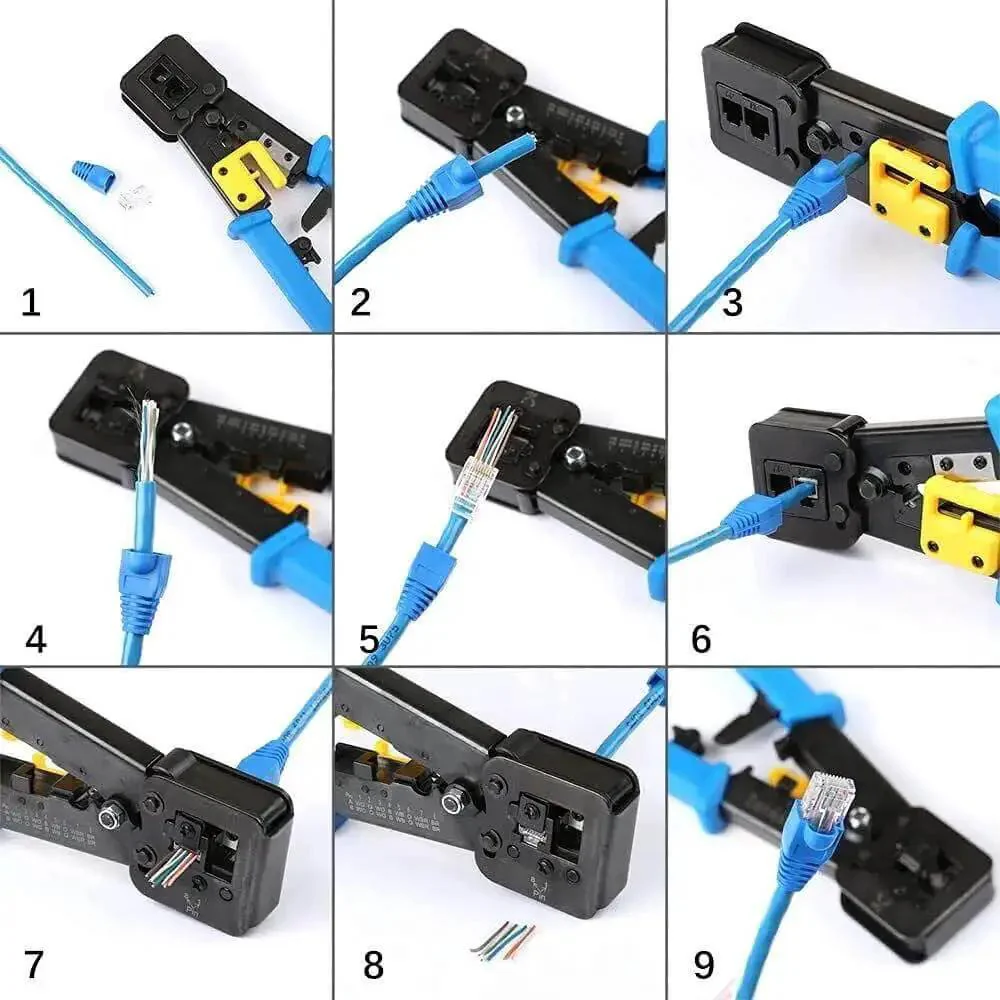 Pro Grade RJ45 Crimp Tool Pass Through Kit With 5 Replacement 8 Pin Blades For Cat5 Cat5e Cat6 Ethernet Cables RJ11 RJ12 End And Regular Pass Through Connectors Cuts Strips And Crimps Twisted Pair Cable Includes 1 Tool And 5 Blades - Image 4