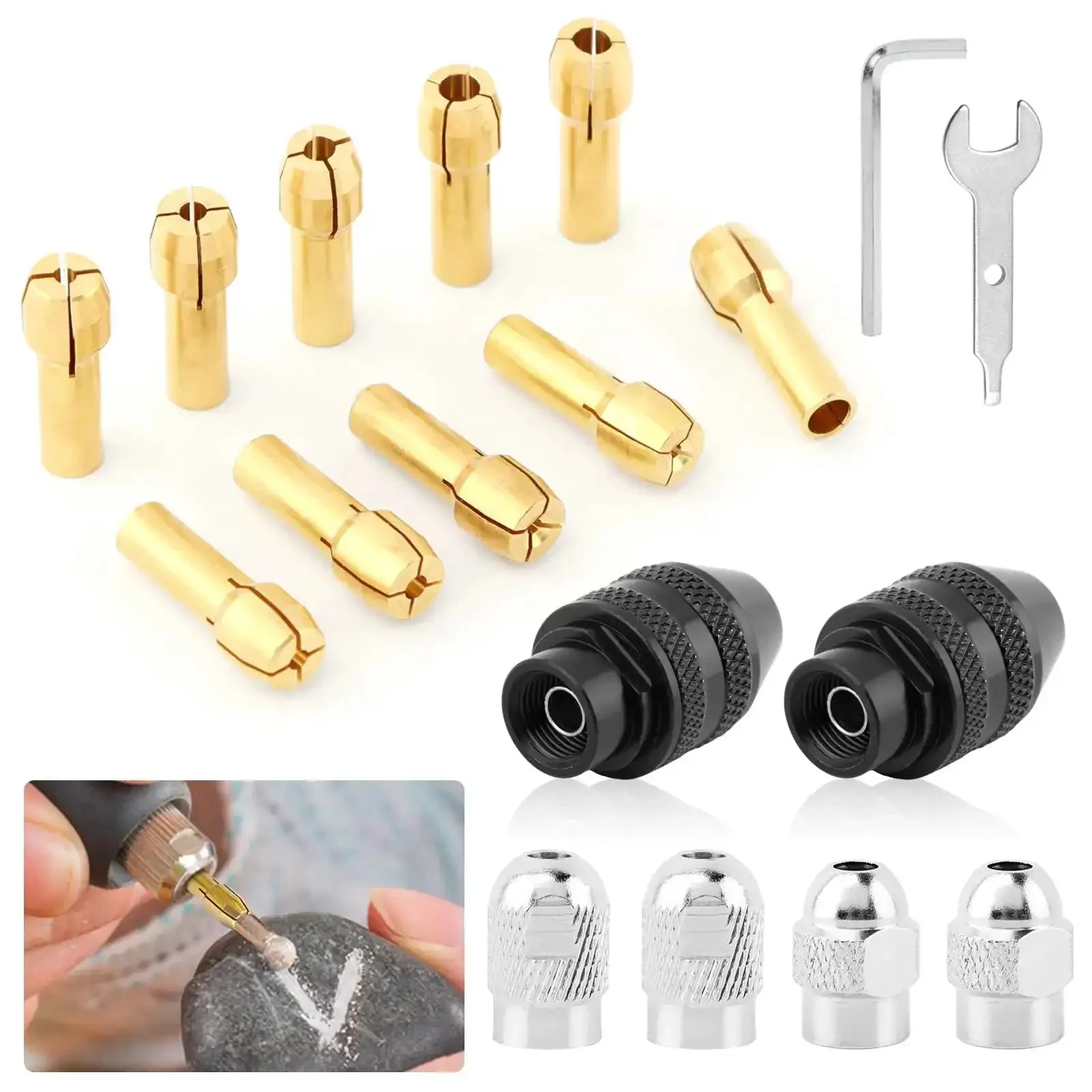 Pro-Grade Rotary Tool Chuck Collet Set 1/32 Inch to 1/8 Inch Shank, 3-Jaw Alloy Chucks, Quick-Change Adapter with Brass Collets, Includes Two 3-Jaw Chucks, Gold Color for Secure High-Speed Tooling - Image 8