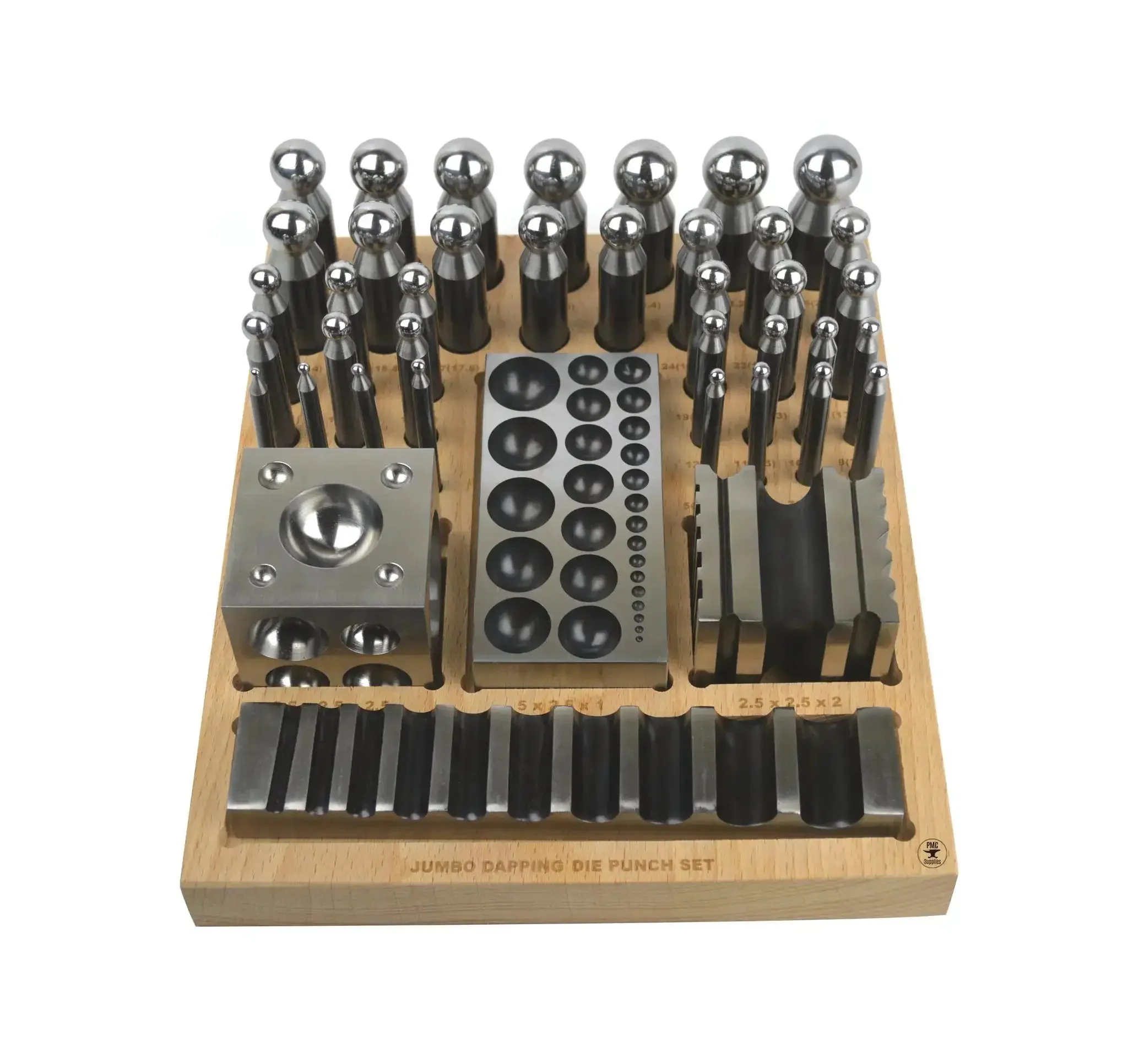 Pro Grade Steel Dapping Doming Punch Set With Wooden Base For Jewelry Making And Metal Forming, 36 Dapping Punches, Cube Dapping Die, Forming Block, Bending Block, Die And Wooden Stand - Image 3