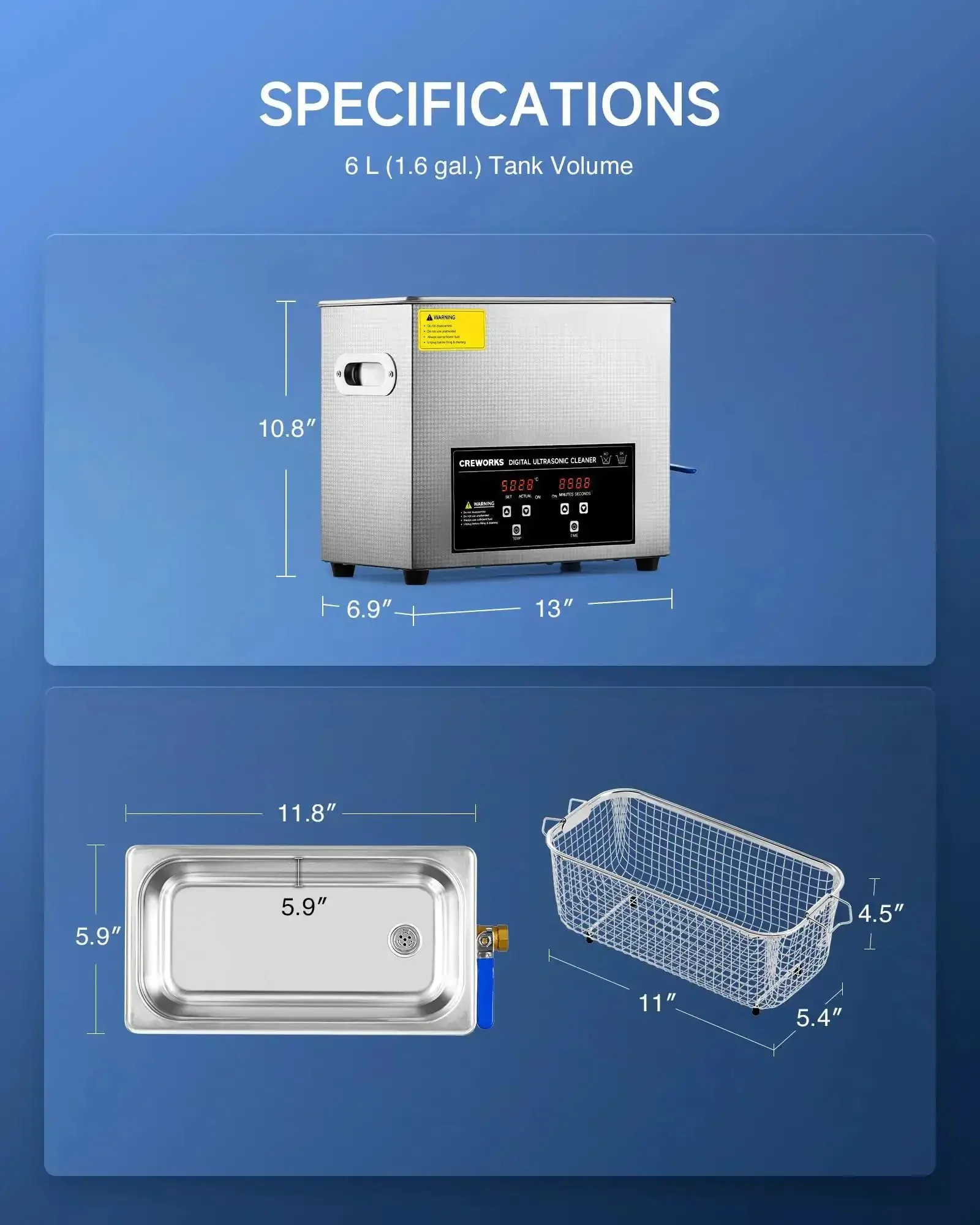 Pro Grade Ultrasonic Cleaner With Heater And Timer, 6L 1.6 Gallon Digital Sonic Cleaning Machine, 180W Stainless Steel Jewelry Glasses Watch Denture Parts Cleaner For Professionals - Image 4