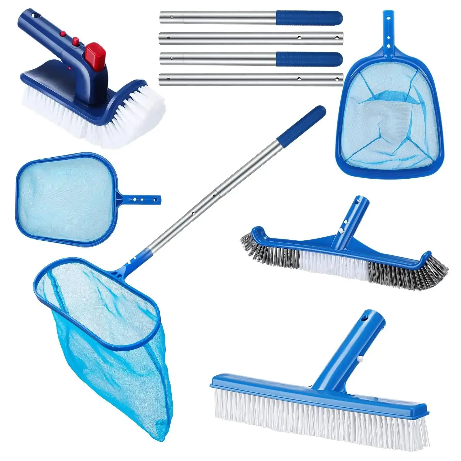 Pro Pool Cleaning Kit With Aluminum Adjustable Pole, 3 Skimmer Nets And 3 Rotating Brushes For Above Ground Pools, Complete 7 Piece Set For Easy Debris Removal And Deep Cleaning