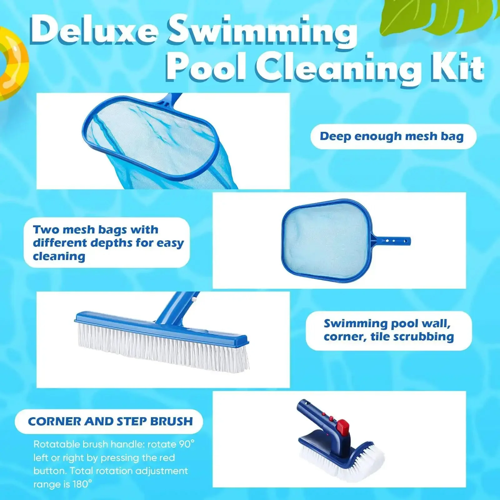 Pro Pool Cleaning Kit With Aluminum Adjustable Pole, 3 Skimmer Nets And 3 Rotating Brushes For Above Ground Pools, Complete 7 Piece Set For Easy Debris Removal And Deep Cleaning - Image 3