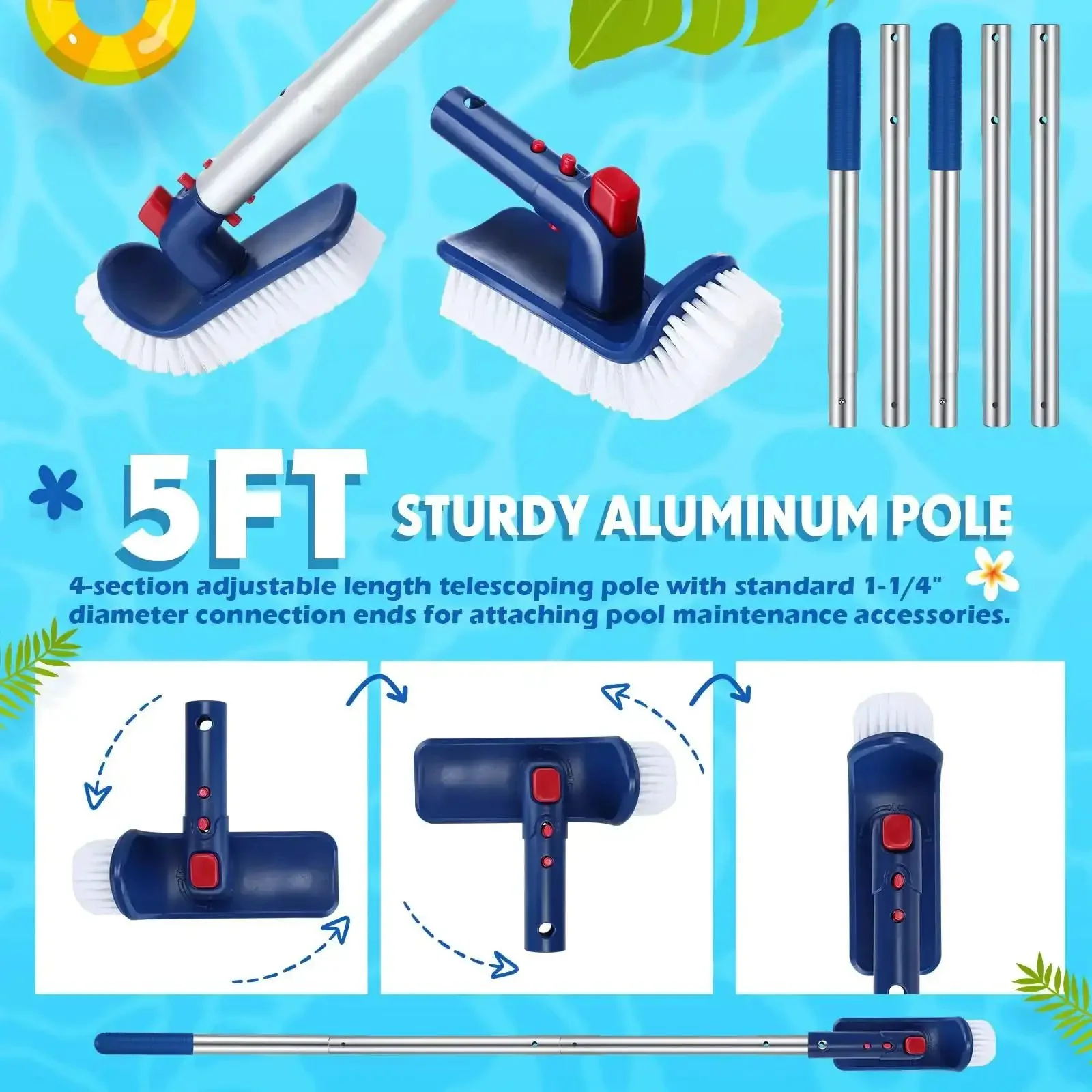 Pro Pool Cleaning Kit With Aluminum Adjustable Pole, 3 Skimmer Nets And 3 Rotating Brushes For Above Ground Pools, Complete 7 Piece Set For Easy Debris Removal And Deep Cleaning - Image 5