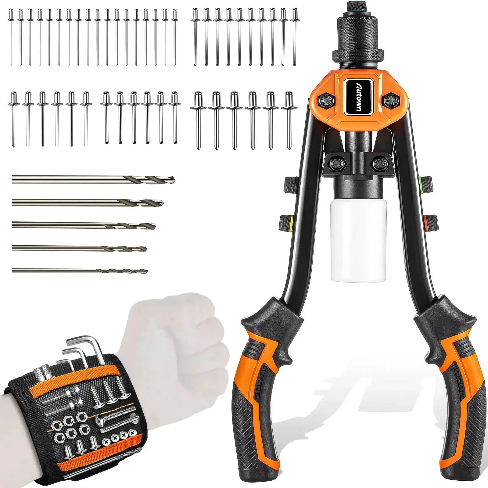 Pro Rivet Gun Kit With Drill Bits And Magnetic Wristband Heavy Duty Two Handed Riveter For Metal Gutters Auto Work Includes 210 Assorted Rivets And Mandrel Catcher
