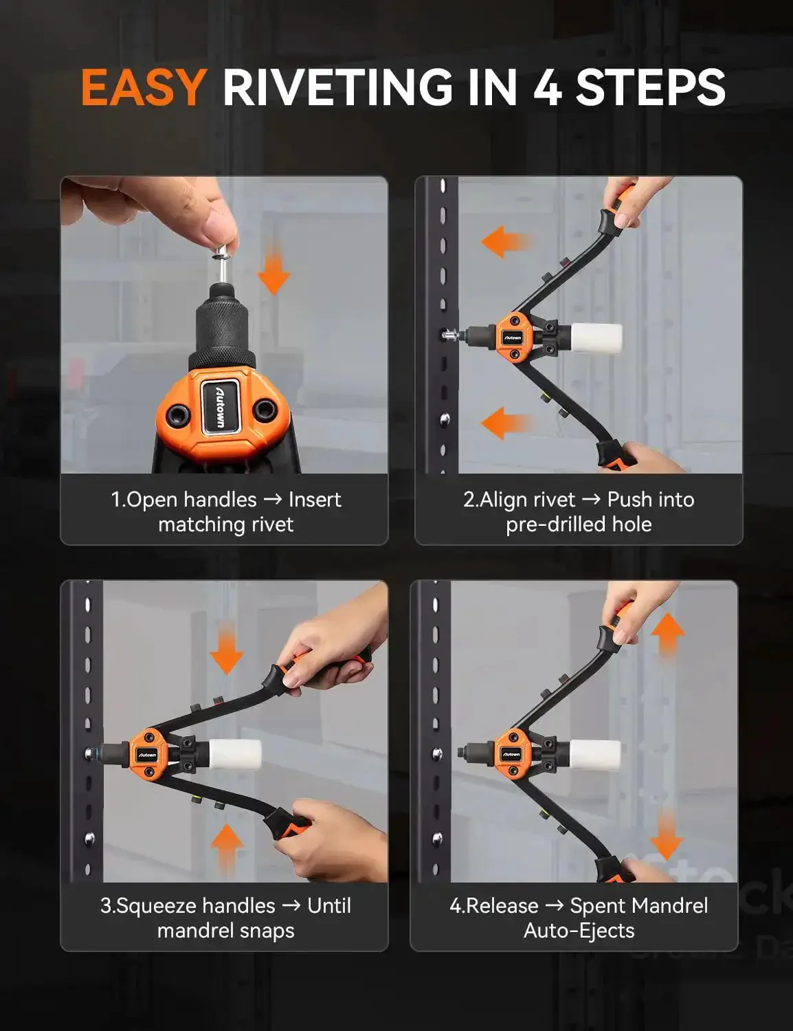 Pro Rivet Gun Kit With Drill Bits And Magnetic Wristband Heavy Duty Two Handed Riveter For Metal Gutters Auto Work Includes 210 Assorted Rivets And Mandrel Catcher - Image 2