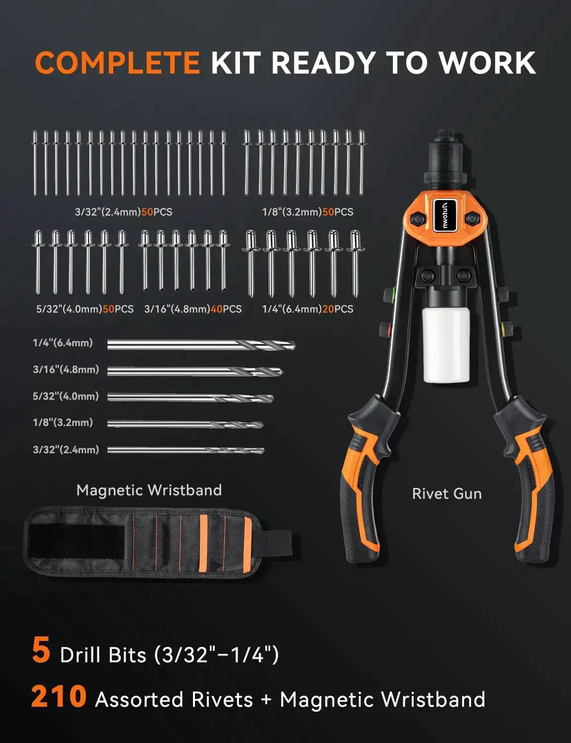Pro Rivet Gun Kit With Drill Bits And Magnetic Wristband Heavy Duty Two Handed Riveter For Metal Gutters Auto Work Includes 210 Assorted Rivets And Mandrel Catcher - Image 8
