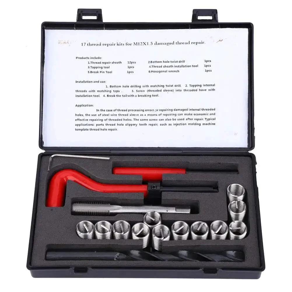 Professional Thread Repair Kit M12x1.5 Stainless Steel 17 Piece Set With Insert Drill Hex Wrench Storage Box For Car Repairing And Automotive Applications Restores Damaged Threads In Engines Radiators And Industrial Equipment