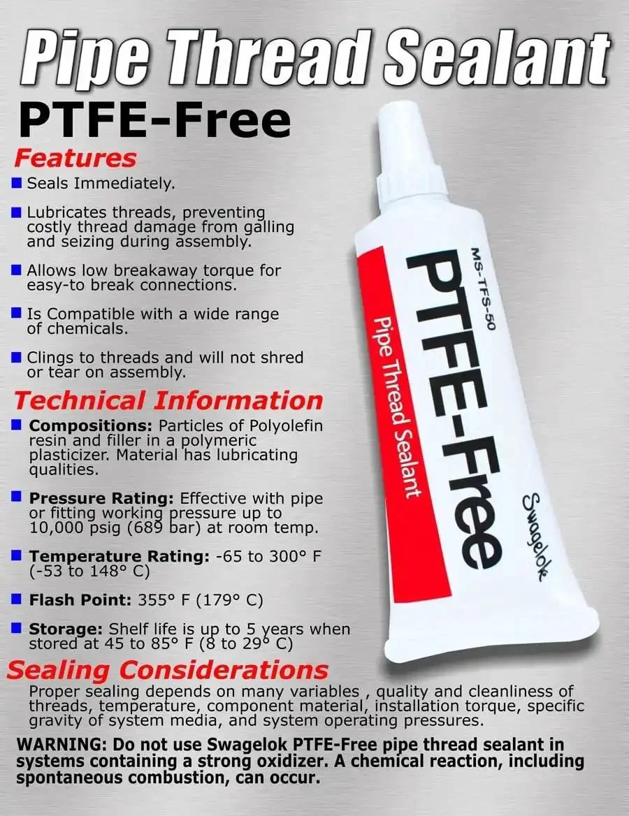 PTFE Free Pipe Thread Sealant For Stainless Steel And Metal Threads 50cc Tube Non Hardening Paste That Prevents Galling With A Wide Temperature Range From Minus 65 Degrees Fahrenheit To 300 Degrees Fahrenheit Model MS TFS 50 Made In USA - Image 2