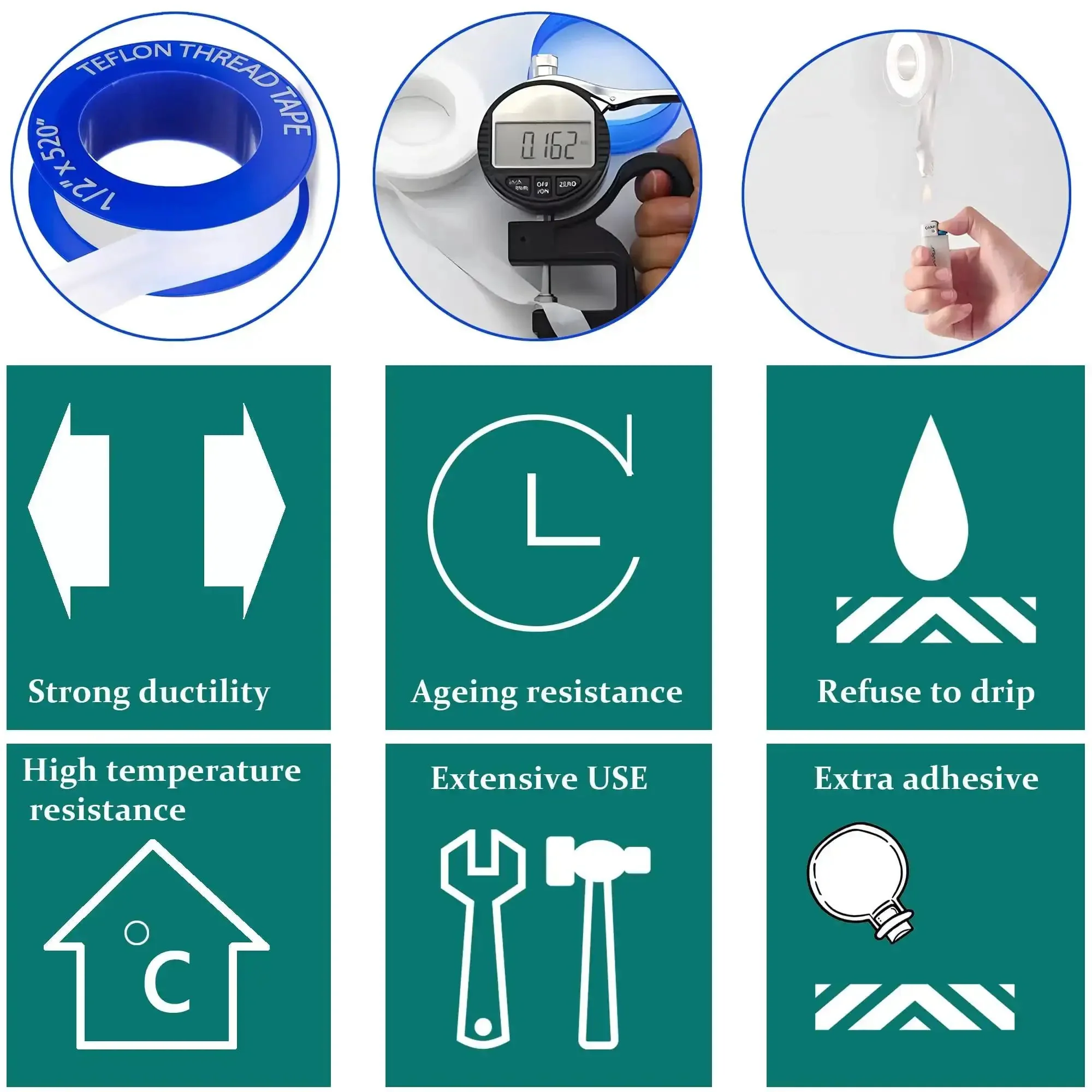 PTFE Pipe Sealant Tape 5.5 Mil Thick Waterproof Thread Sealant For Plumbing Fittings White Handles Extreme Temps From Minus 212 To 500 Degree Fahrenheit Half Inch By 520 Inch Roll - Image 7