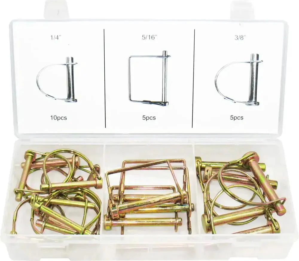 PTO Pin Set 20 Piece Assortment For Power Take Off Hubs And Implements Two Round Pin Sizes One Quarter And Three Eighths Tempered Spring Steel Yellow Zinc Plated For Rust Resistance Heavy Duty And Versatile For Farm Lawn Garden And Industrial Jobs
