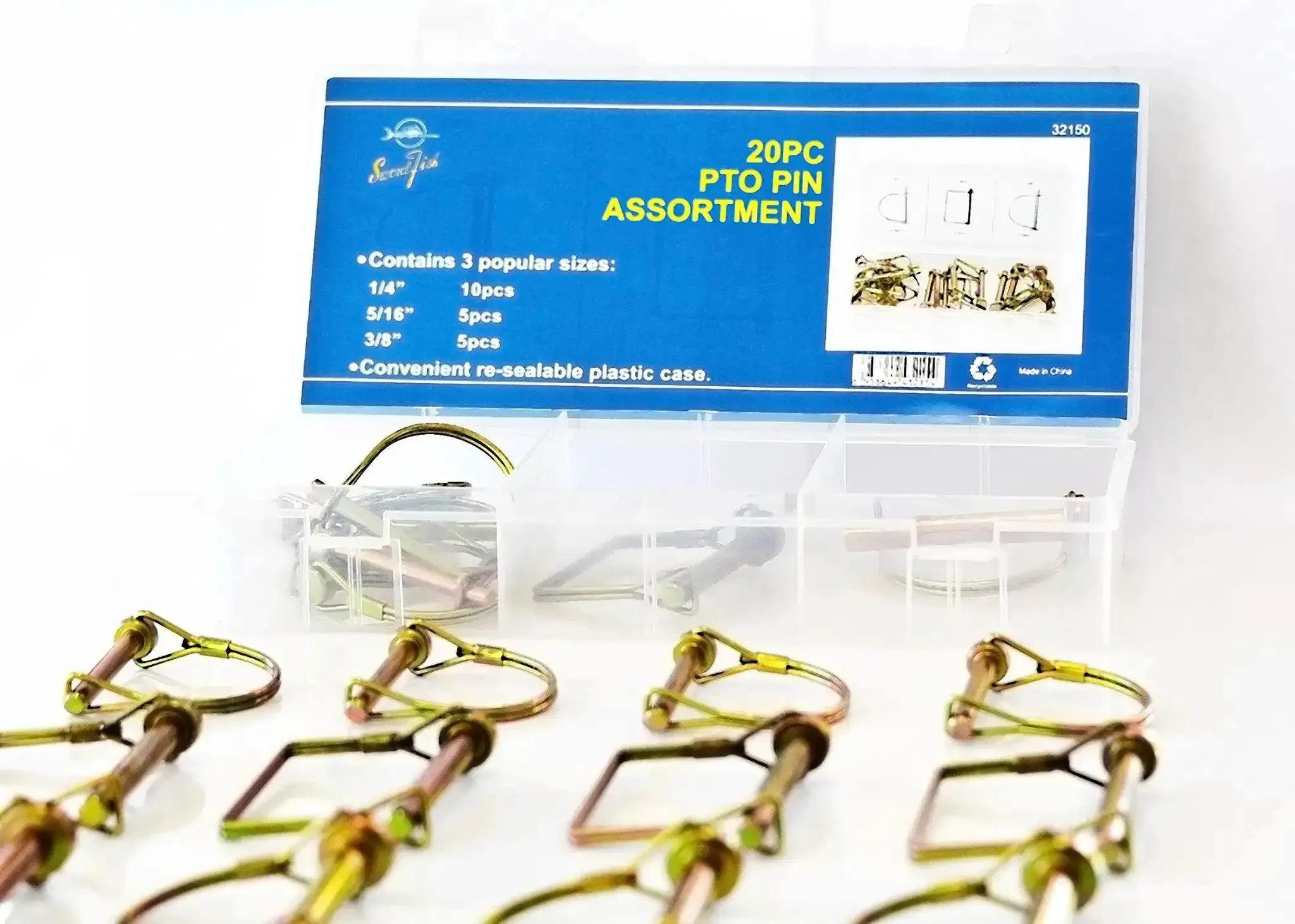 PTO Pin Set 20 Piece Assortment For Power Take Off Hubs And Implements Two Round Pin Sizes One Quarter And Three Eighths Tempered Spring Steel Yellow Zinc Plated For Rust Resistance Heavy Duty And Versatile For Farm Lawn Garden And Industrial Jobs - Image 3