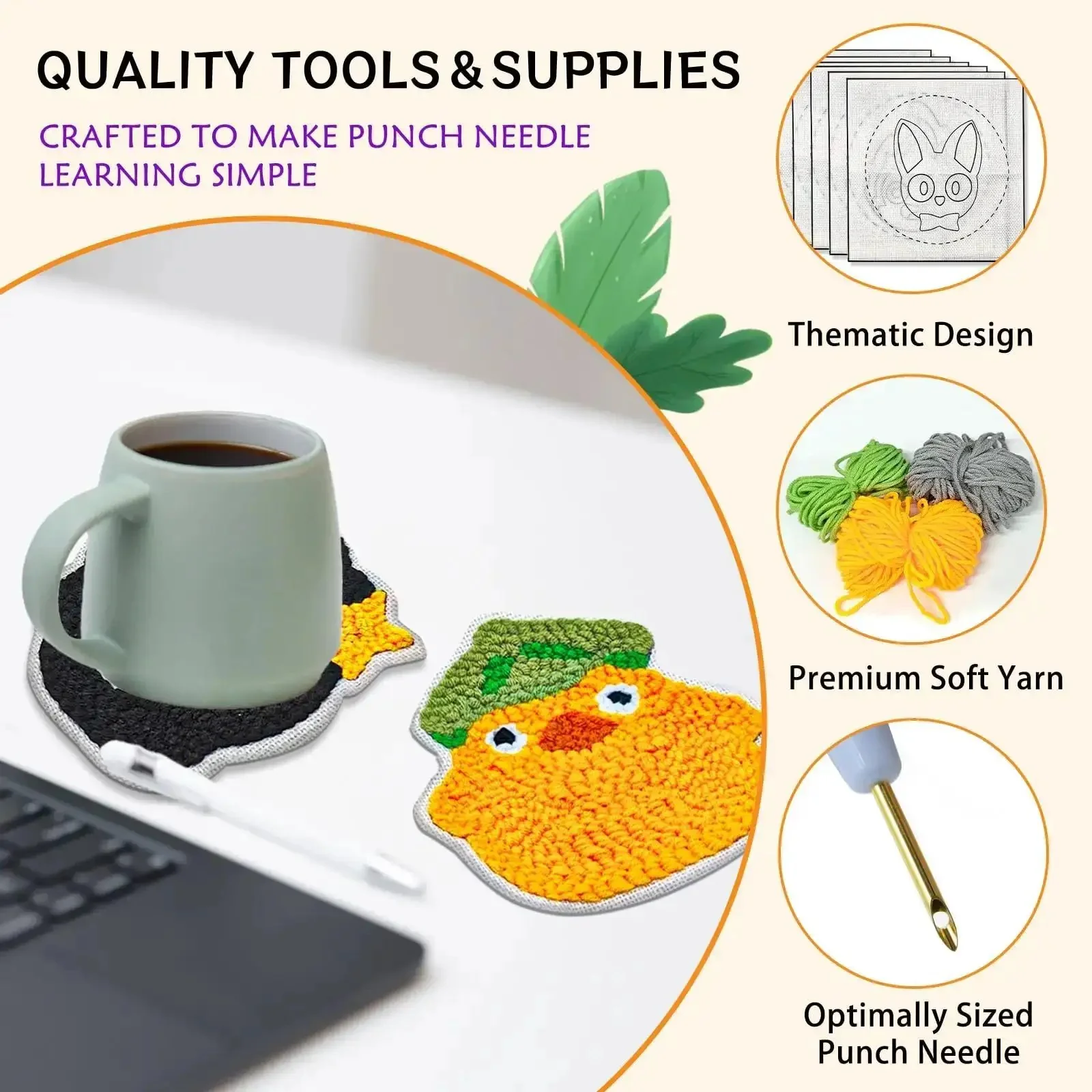 Punch Needle Kit For Beginners And Kids, Easy DIY Embroidery Set With 6 Coasters, Includes Hoop, Tool, Colorful Yarn, Pre Printed Cartoon Cloths, Threads And Adhesive Sheets, A Dope Starter Gift - Image 7
