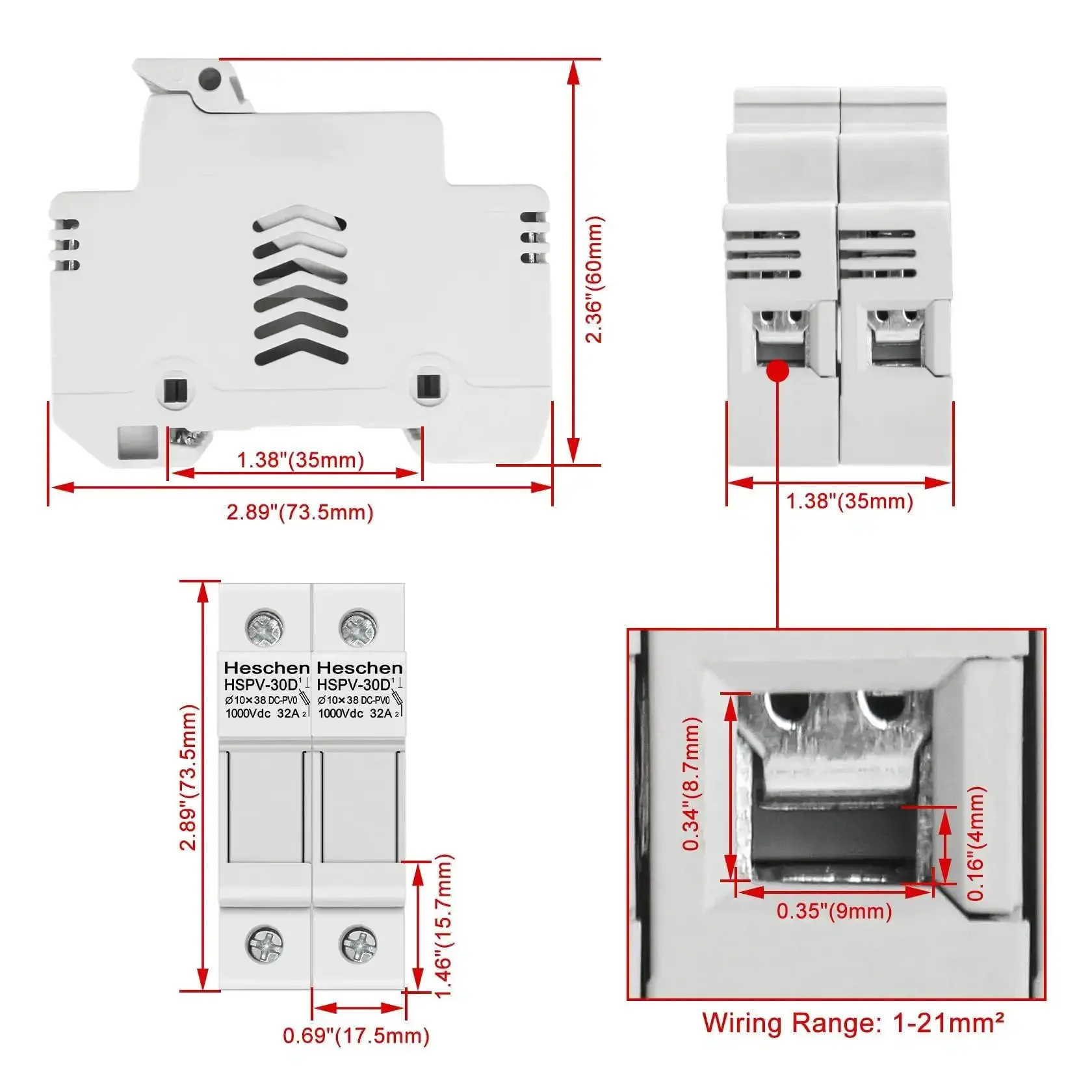 PV Solar Fuse Holder 2 Pole With 35mm DIN Rail Mount For Solar Arrays HSPV 30D DC 1000V 32A Fits 10 x 38mm Fuse CE Listed Grey Beefy Enclosure For Real High Voltage Protection - Image 8