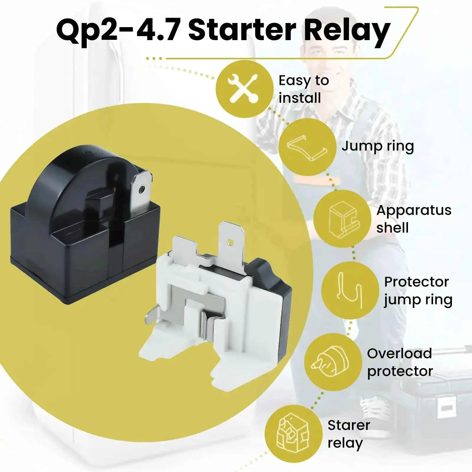 QP2-4r7 Refrigerator Starter Relay and Overload Protector Kit Dope Upgrade For Mini Fridges, 4.7 Ohm 1-Pin Start Relay and One Sixth HP Overload, Two-Pack - Image 2