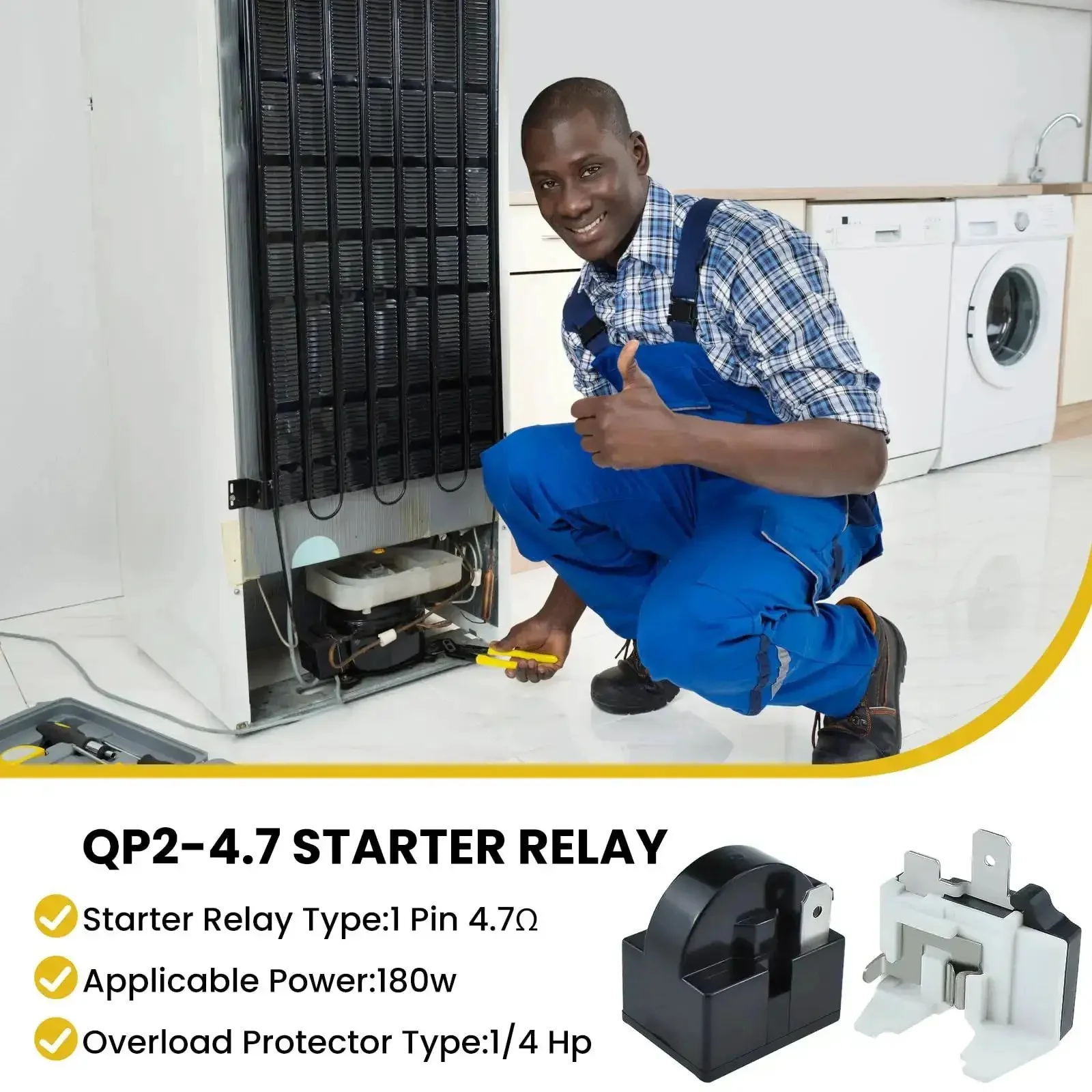 QP2-4r7 Refrigerator Starter Relay and Overload Protector Kit Dope Upgrade For Mini Fridges, 4.7 Ohm 1-Pin Start Relay and One Sixth HP Overload, Two-Pack - Image 5