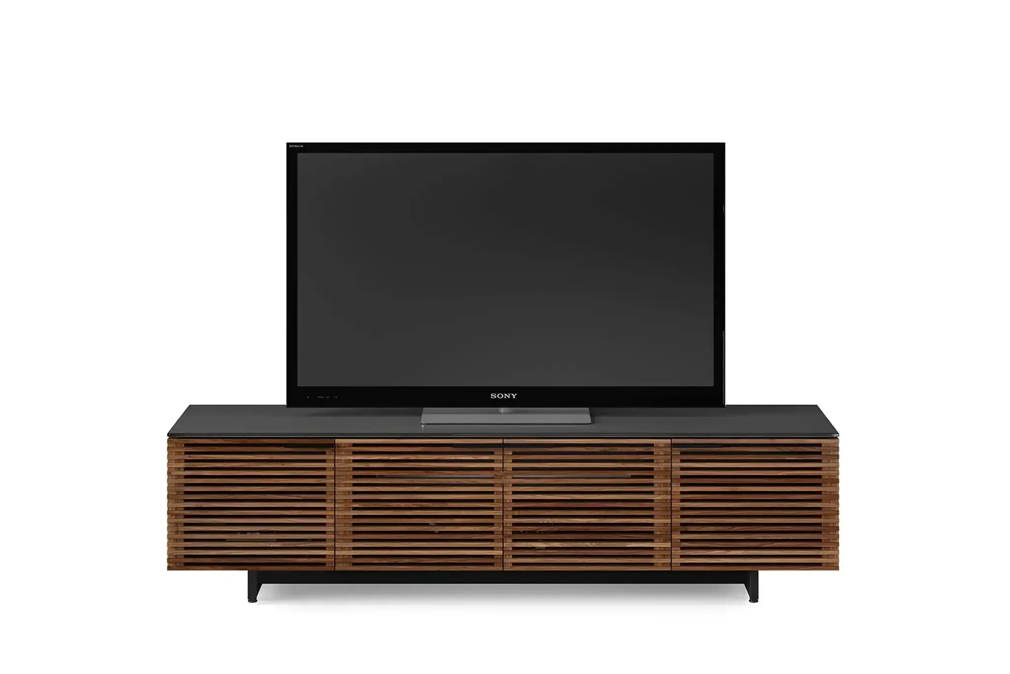Quad Width Low Media Cabinet 8173 With Natural Walnut Finish, Space Saving TV Console With Cable Management, Removable Back Panels For Easy Rear Access, Sleek Modern Media Storage For Home Theater - Image 3