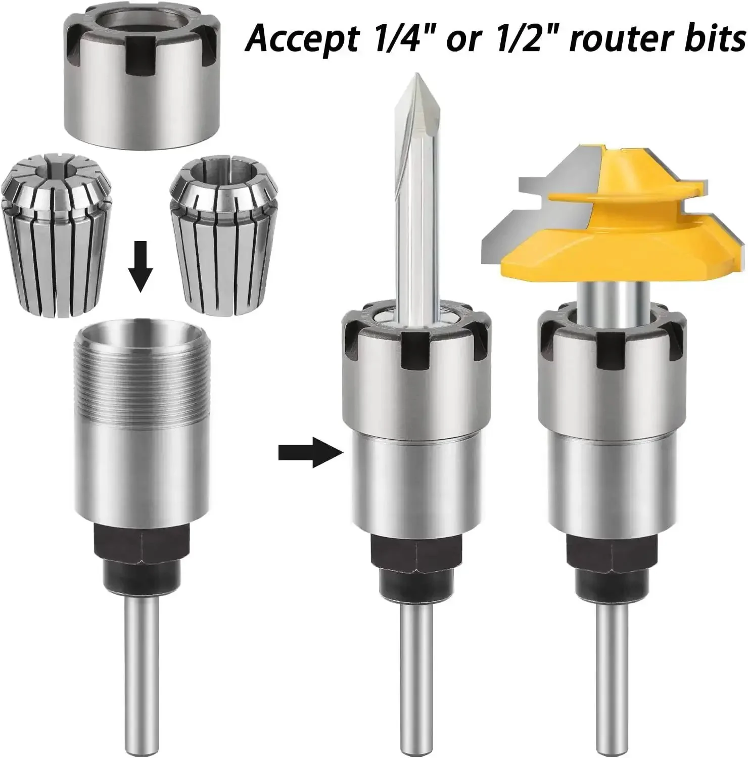Quarter Inch Shank Router Bit Collet Extension Chuck Converter Adapter That Lets You Run One Half Inch And One Quarter Inch Shank Bits With ER20 Spring Collet Router Collet Includes ER20 M Type Collet Chuck Wrench Spanner Pack Of Five - Image 5