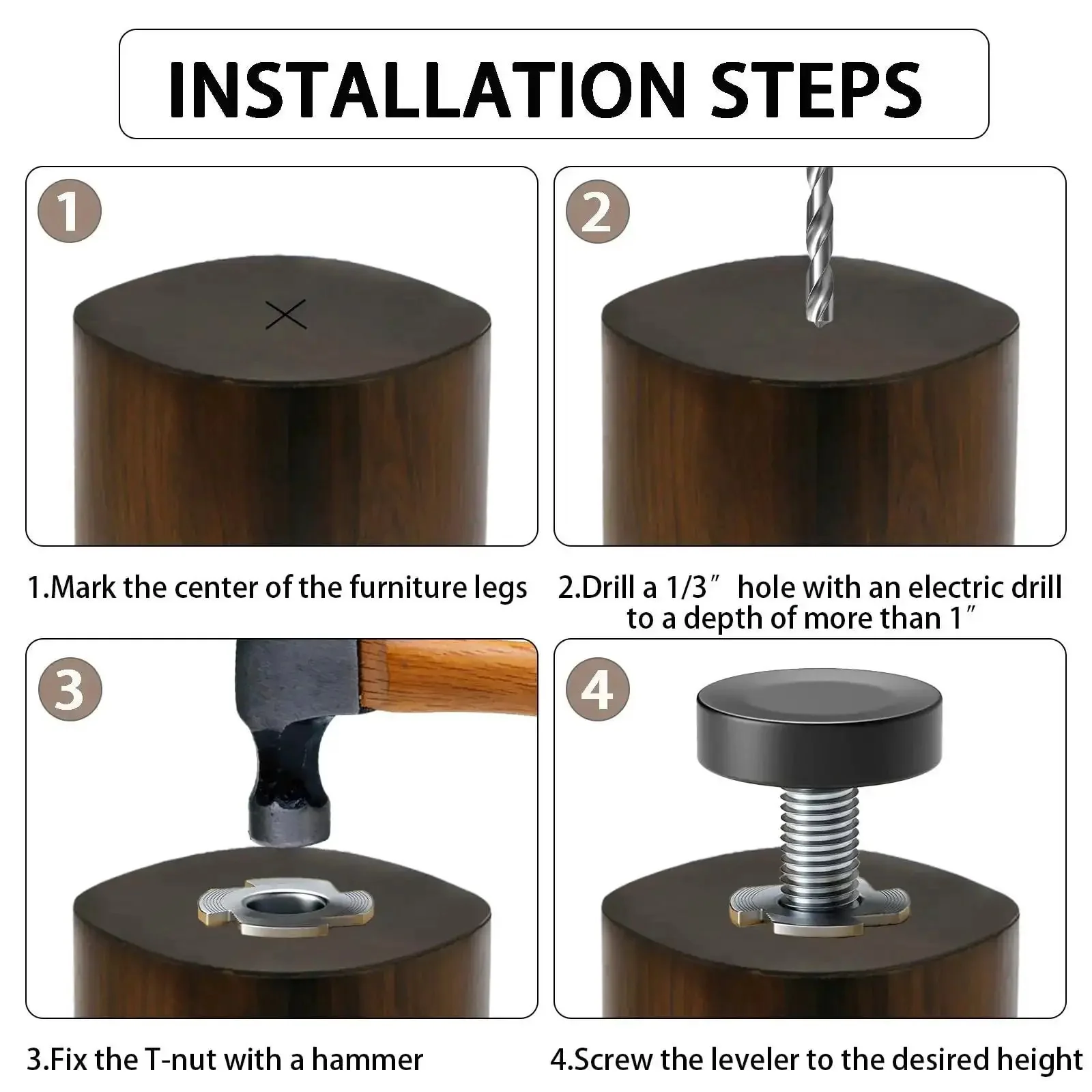 Quarter Inch Thread Leveling Feet 12 Pack With T Nuts Heavy Duty Adjustable Furniture Levelers For Tables And Benches Screw In Feet For Easy Individual Adjustment Galvanized Steel Black Base - Image 3