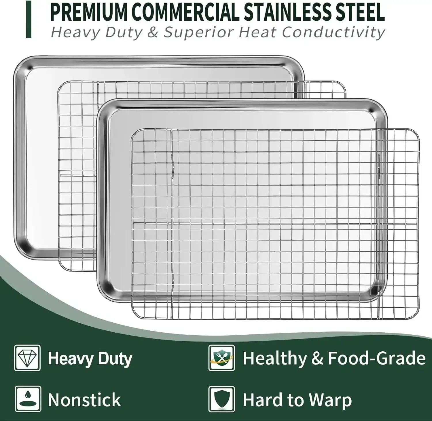 Quarter Sheet Pan With Cooling Rack Set Two Baking Sheets And Two Wire Racks Stainless Steel Rust Resistant And Warp Free Nonstick Finish For Oven Bakes Cookies Roasts And More 12 X 9.8 X 1 Inch - Image 6