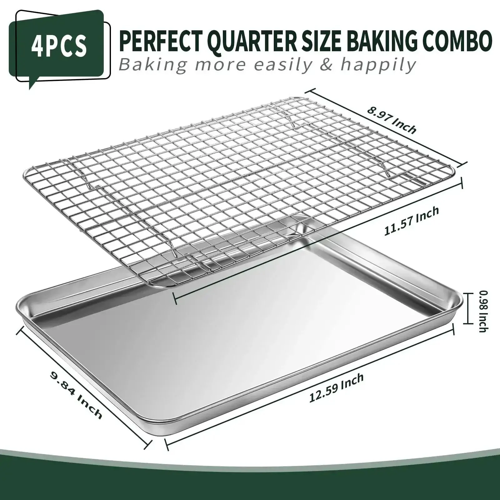 Quarter Sheet Pan With Cooling Rack Set Two Baking Sheets And Two Wire Racks Stainless Steel Rust Resistant And Warp Free Nonstick Finish For Oven Bakes Cookies Roasts And More 12 X 9.8 X 1 Inch - Image 7