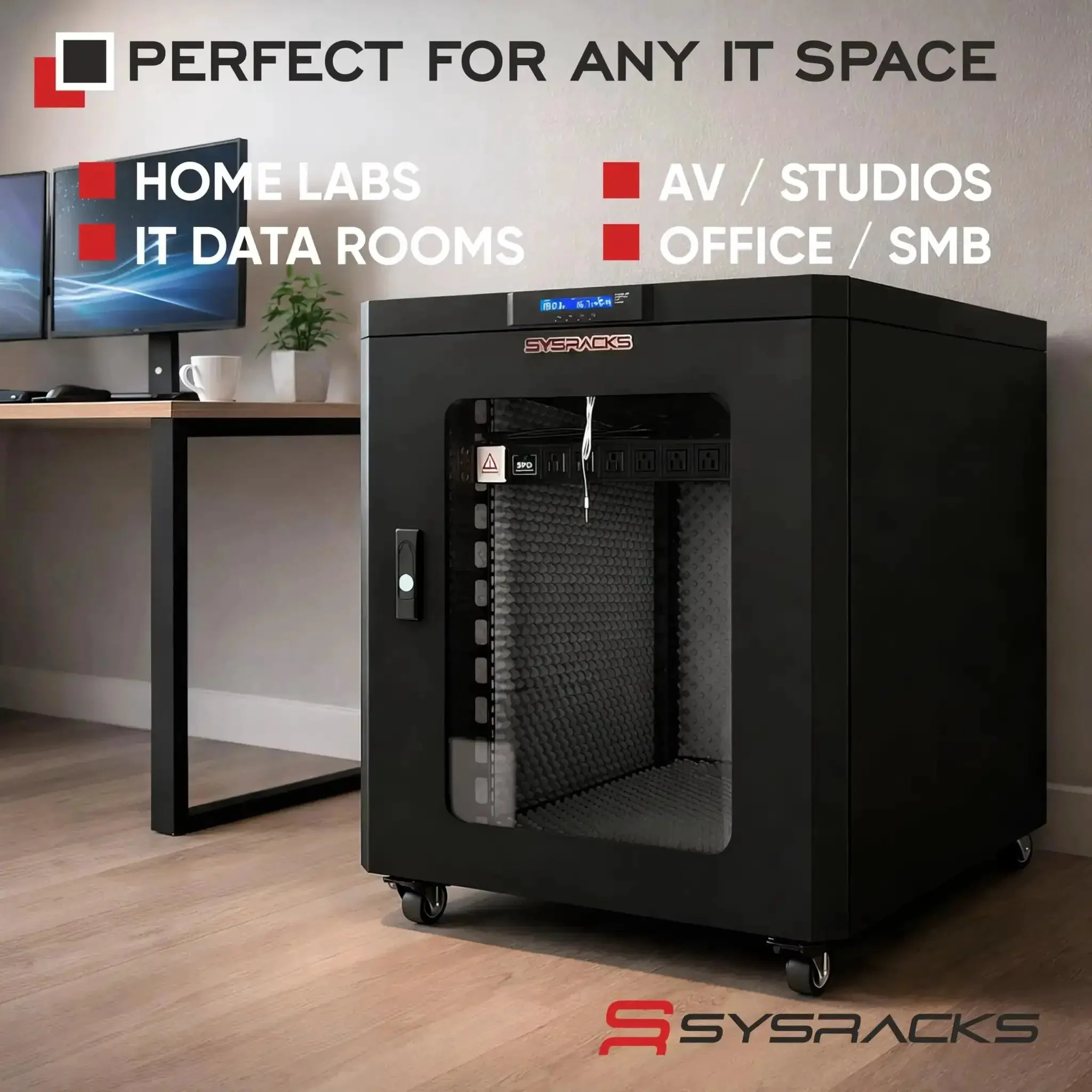 Quiet Sound Dampened 19 Inch Server Rack Cabinet With Dual Exhaust Fans Built In Thermostat Control Locking Glass Door Floor Standing 15U Network Enclosure For Office Home Lab Studio Noise Reduction - Image 2
