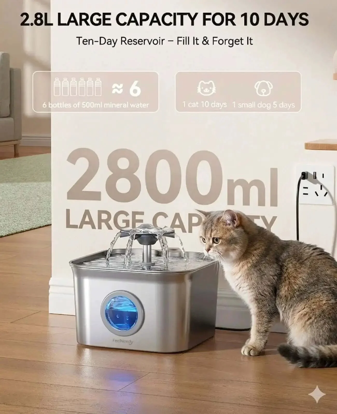 Quiet Stainless Steel Cat Water Fountain 2.8L With 20dB Ultra Quiet Pump, Perfect For Shy Fur Babies, LED Water Level Window, Dishwasher Safe, 24/7 Circulation, Includes 3 Replacement Filters - Image 4
