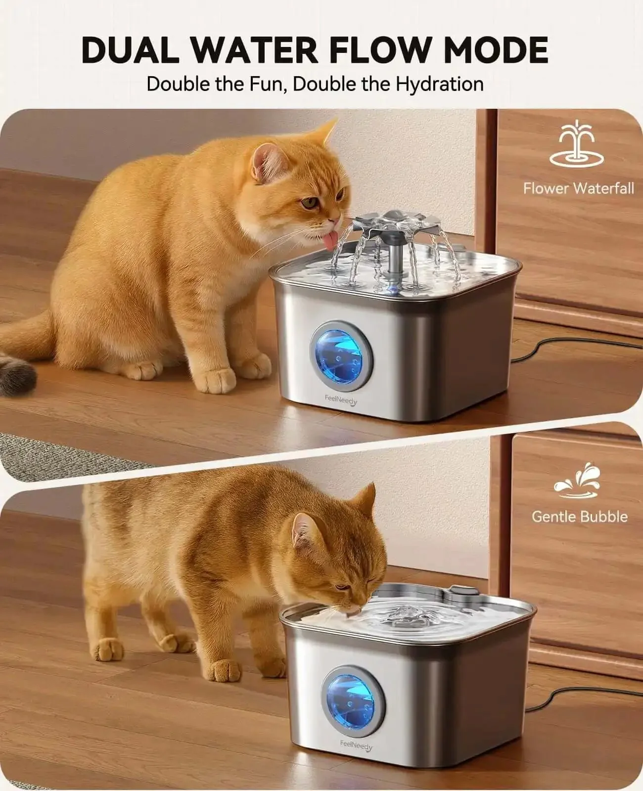 Quiet Stainless Steel Cat Water Fountain 2.8L With 20dB Ultra Quiet Pump, Perfect For Shy Fur Babies, LED Water Level Window, Dishwasher Safe, 24/7 Circulation, Includes 3 Replacement Filters - Image 5