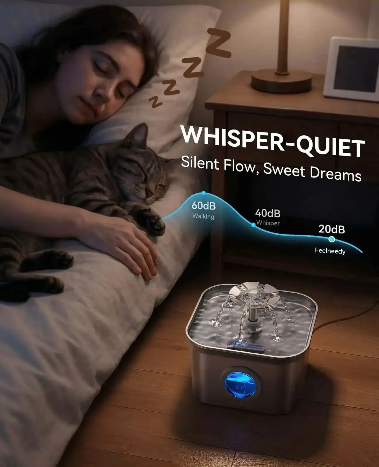Quiet Stainless Steel Cat Water Fountain 2.8L With 20dB Ultra Quiet Pump, Perfect For Shy Fur Babies, LED Water Level Window, Dishwasher Safe, 24/7 Circulation, Includes 3 Replacement Filters - Image 7
