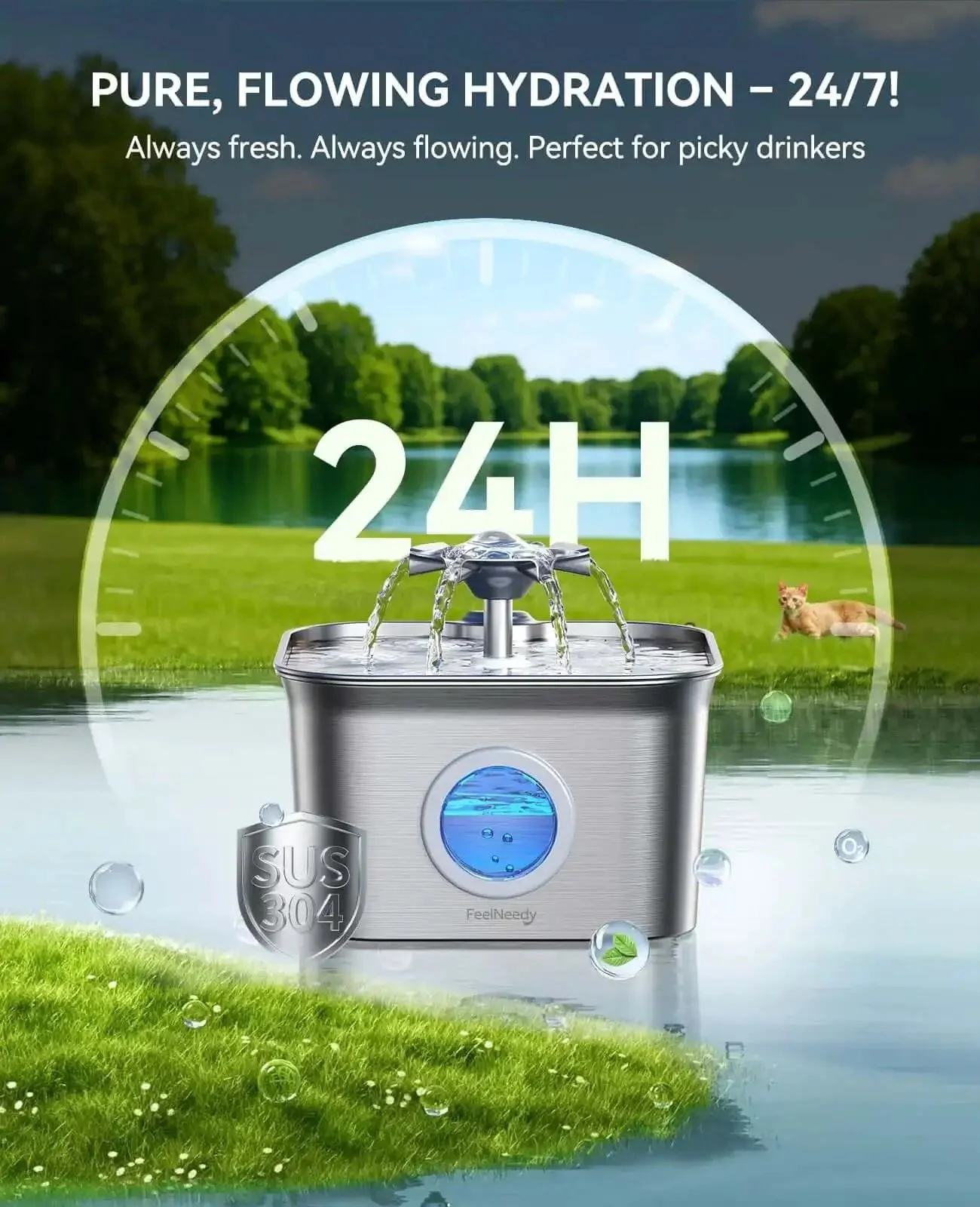 Quiet Stainless Steel Cat Water Fountain 2.8L With 20dB Ultra Quiet Pump, Perfect For Shy Fur Babies, LED Water Level Window, Dishwasher Safe, 24/7 Circulation, Includes 3 Replacement Filters - Image 9