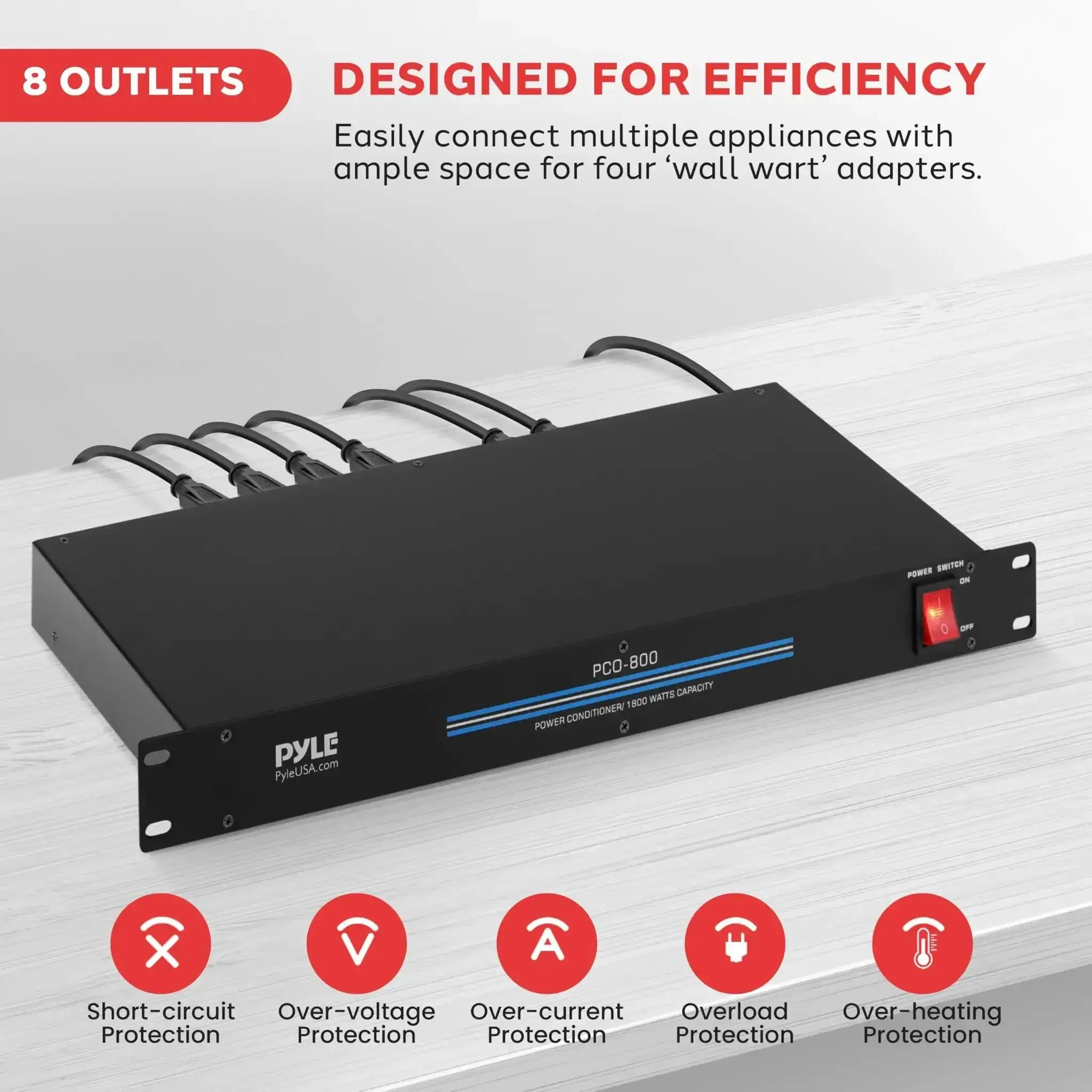 Rack Mount Power Conditioner With 1800W Capacity, 8 Outlets, 19 Inch Enclosure, Surge Protection And Noise Suppression For Studio Gear, Heavy Duty Pro Audio Power Strip For AV Setups, Rear Panel Circuit Breaker - Image 7