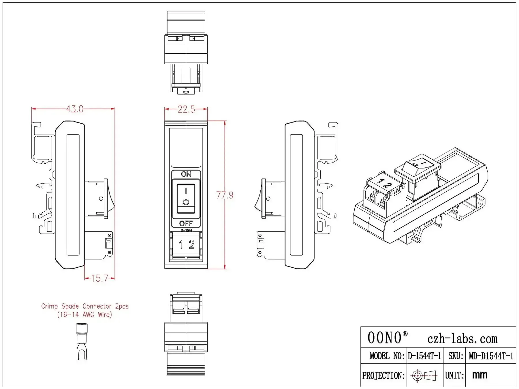 Rail Mount Rocker Switch Module For 10 Amp Power, Compatible With 250VAC Or 50VDC, One Channel, Easy On Off Rocker, Removable Cover, Metric M3 Screw Compatible, 7.62mm Pitch, Vinyl Insulated Spade Connectors, Supports 16 To 14 AWG Cables - Image 5