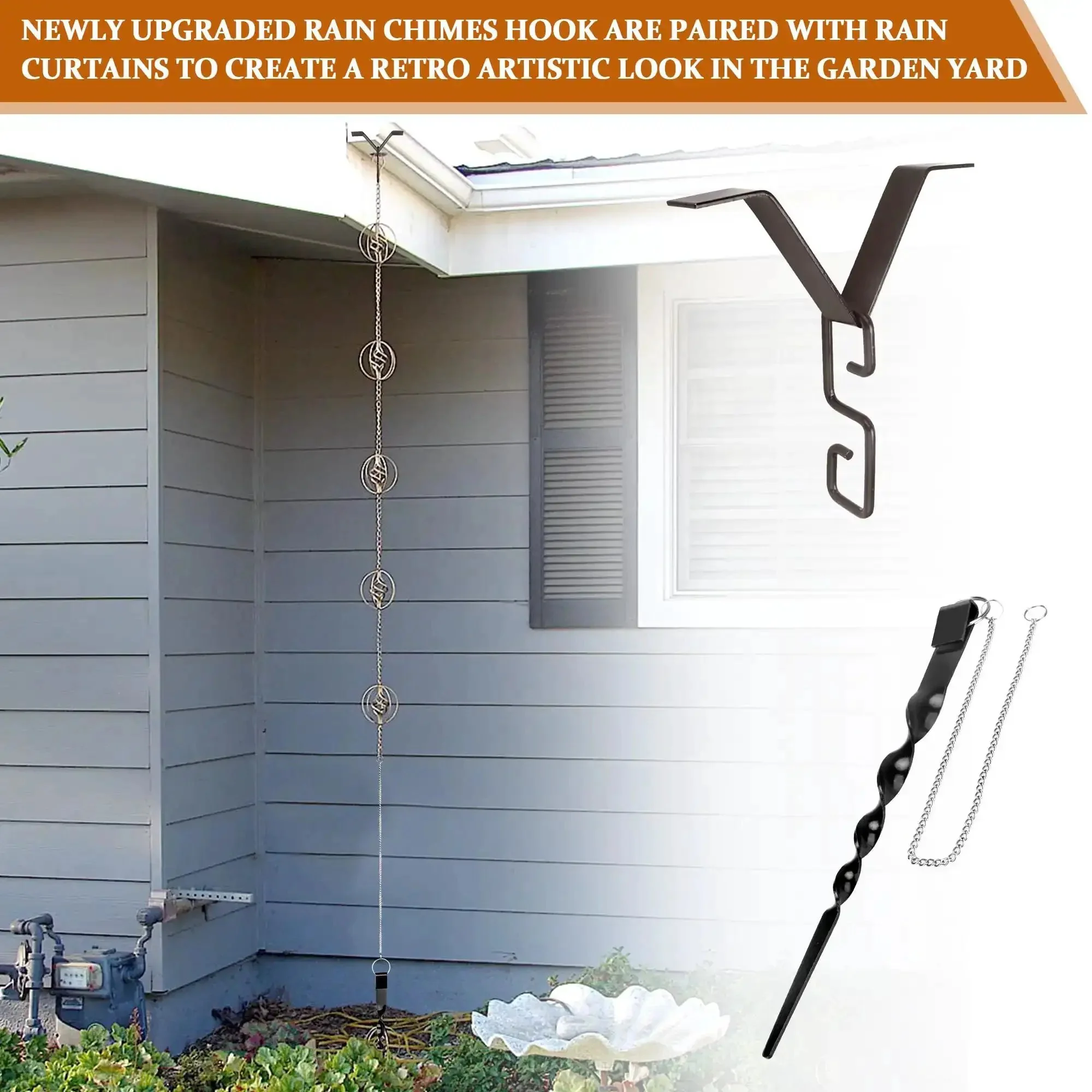 Rain Chain Hanger and Ground Anchor Kit for Outdoor Garden Rain Chains Copper Chain Clip and Stake Set to Stop Sway Reduce Splash and Improve Water Flow with Easy Roof Outlet Attachment - Image 2