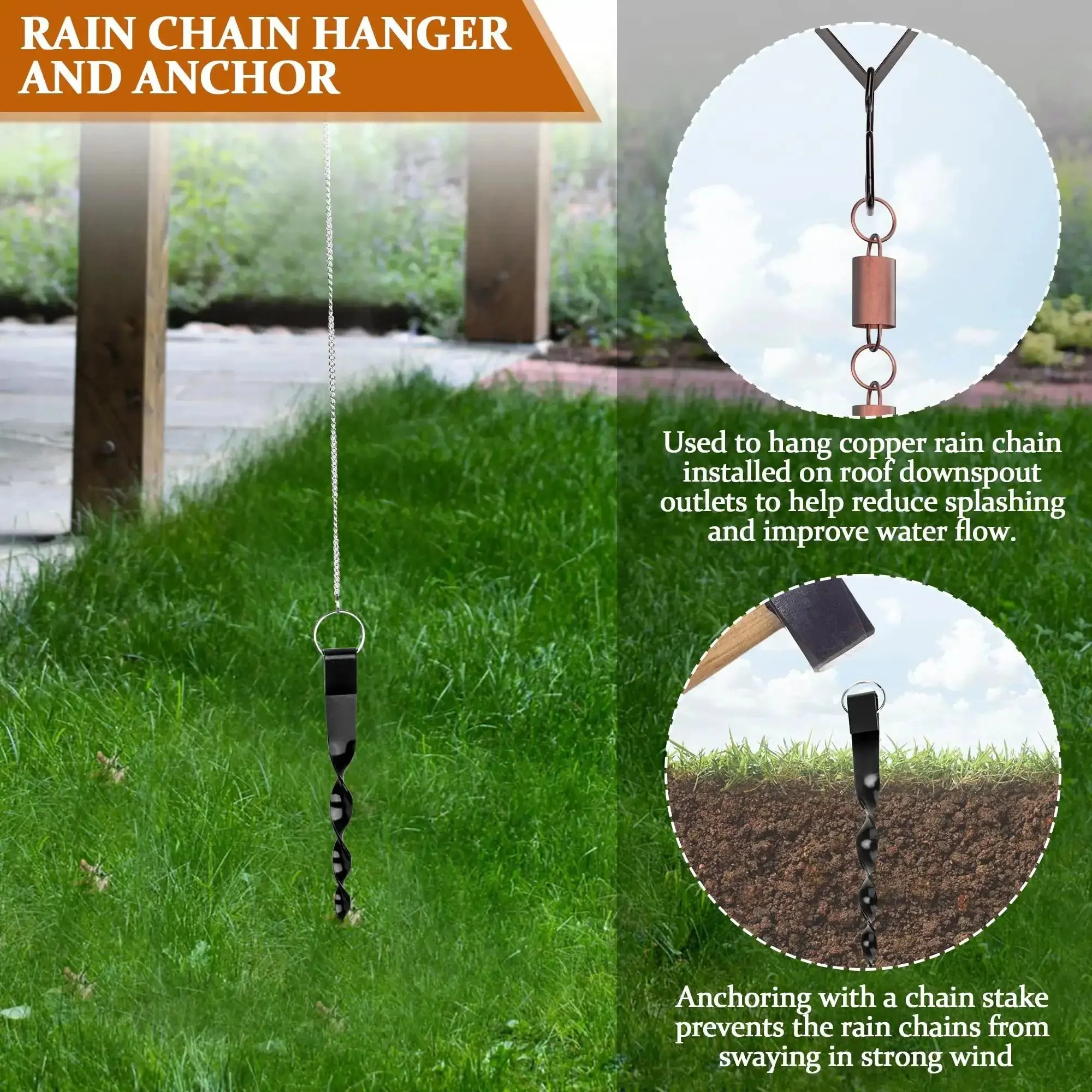 Rain Chain Hanger and Ground Anchor Kit for Outdoor Garden Rain Chains Copper Chain Clip and Stake Set to Stop Sway Reduce Splash and Improve Water Flow with Easy Roof Outlet Attachment - Image 3