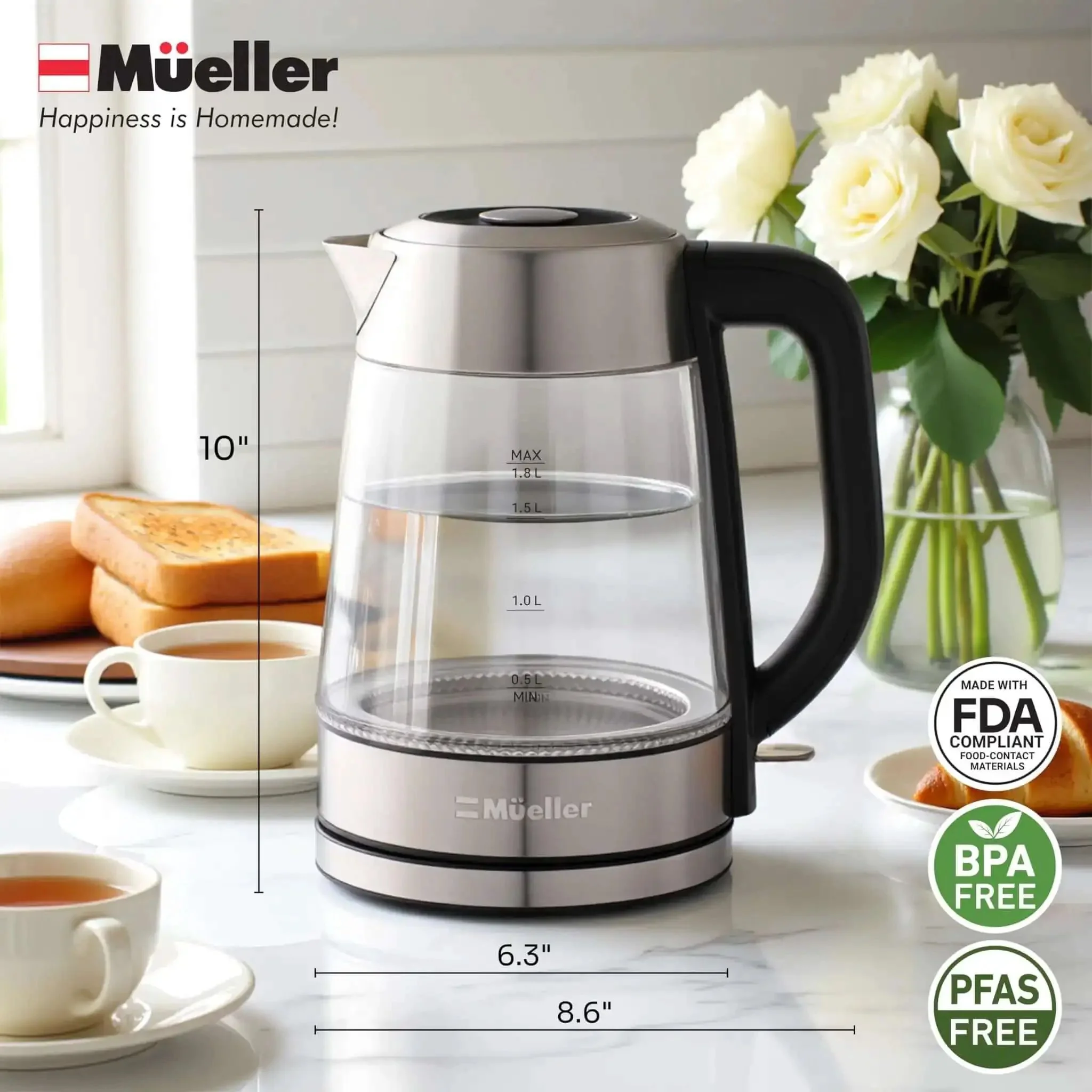 Rapid Boil Electric Tea Kettle 1.8L With Borosilicate Glass And Stainless Steel BPA Free LED Indicator Light Auto Shut Off Boil Dry Protection 1500W Fast Water Heater For Home Kitchen No More Microwave - Image 2