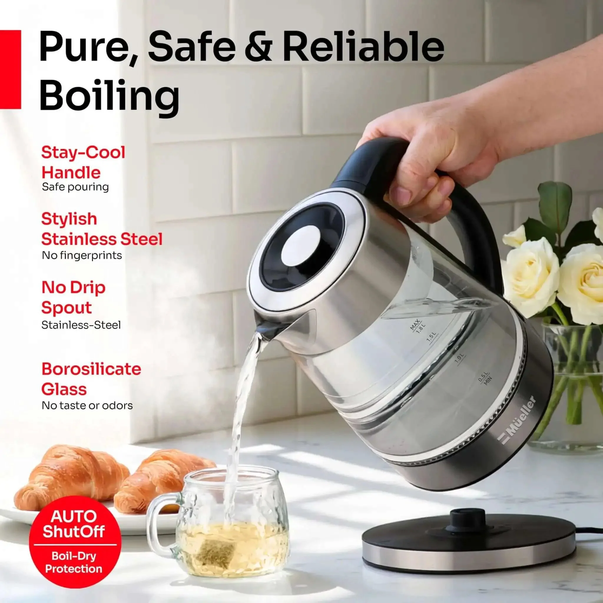 Rapid Boil Electric Tea Kettle 1.8L With Borosilicate Glass And Stainless Steel BPA Free LED Indicator Light Auto Shut Off Boil Dry Protection 1500W Fast Water Heater For Home Kitchen No More Microwave - Image 7
