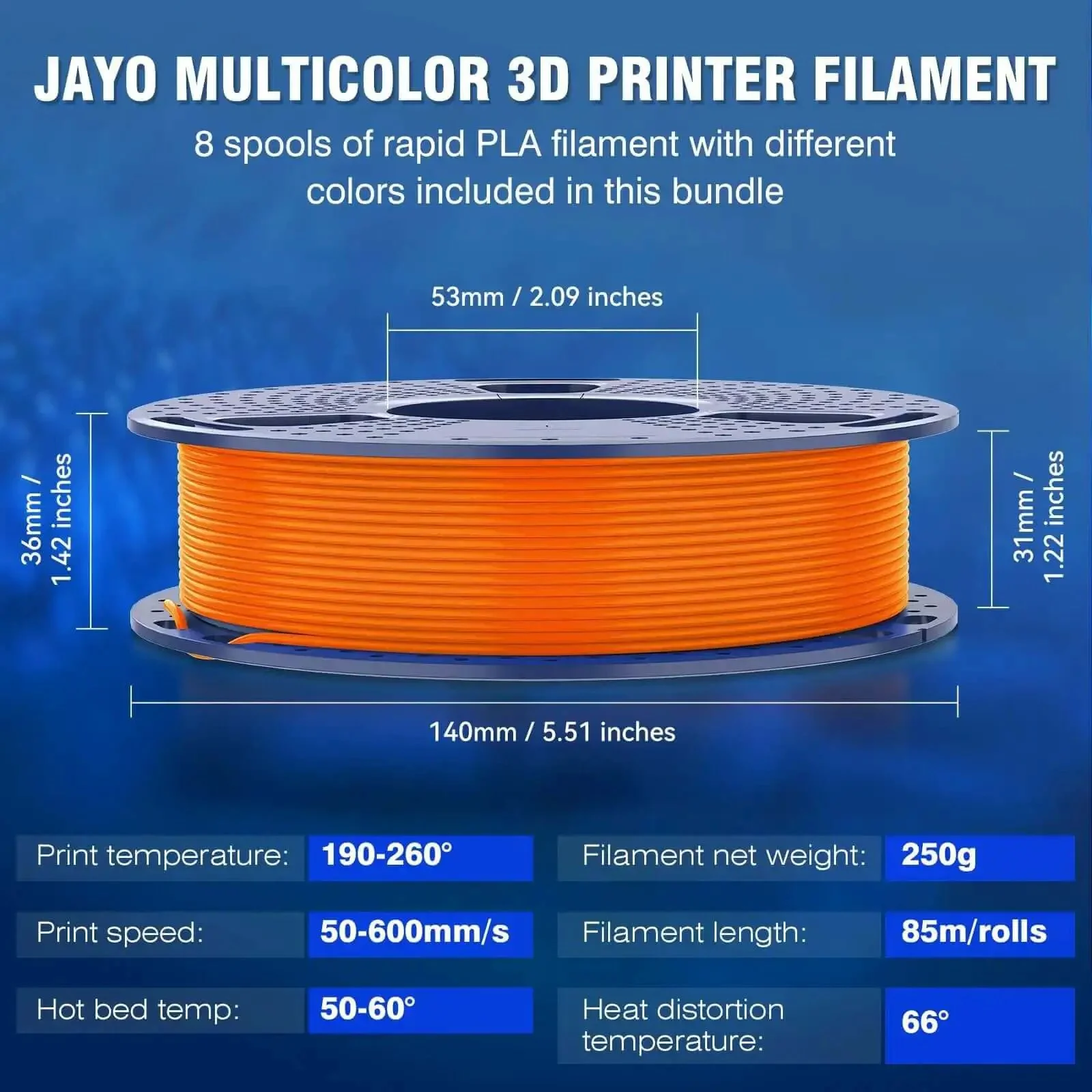 Rapid PLA Filament Bundle 2Kg 1.75mm 250g Spools Eight Color Pack For 3D Printing High Speed Filament Black White Blue Red Pink Orange Yellow Olive Green - Image 5