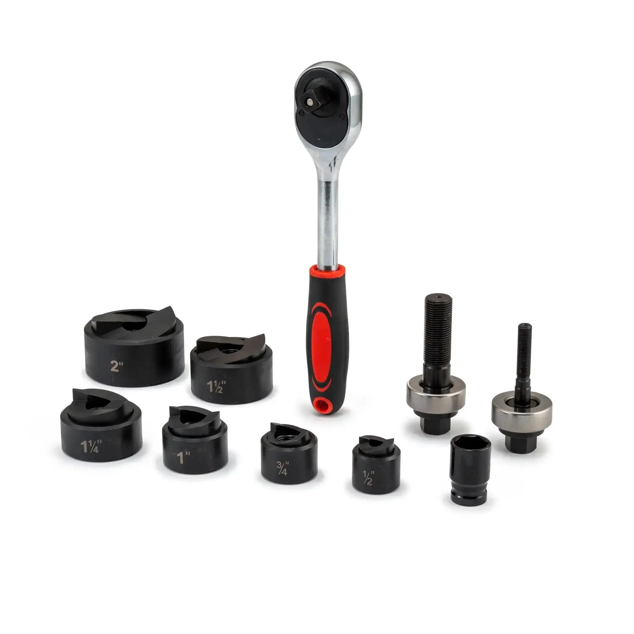Ratchet Knockout Punch Set With 6 Dies From Half Inch To Two Inch For Electrical Conduit Heavy Duty Hole Cutter Driver Kit With Wrench And Accessories Hydraulic Power For Fast Burr Free Holes And Ergonomic Handle
