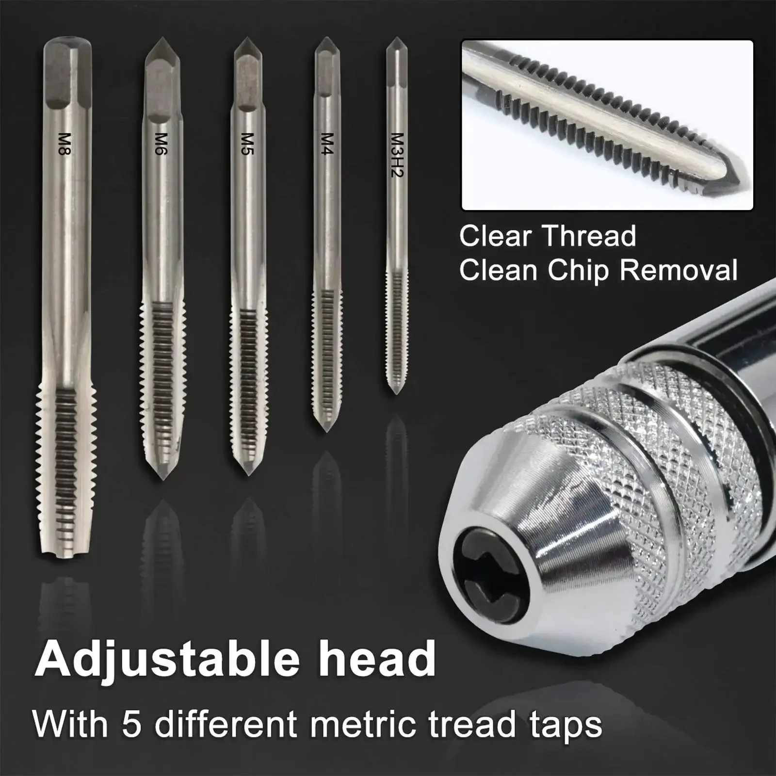 Ratchet T Handle Tap Wrench and 5 Metric Taps M3 M4 M5 M6 M8 Handy Two Way Adjustable Tapping Tool Kit for Home Workshop Compact Tap Holder Set for Pro Use - Image 6