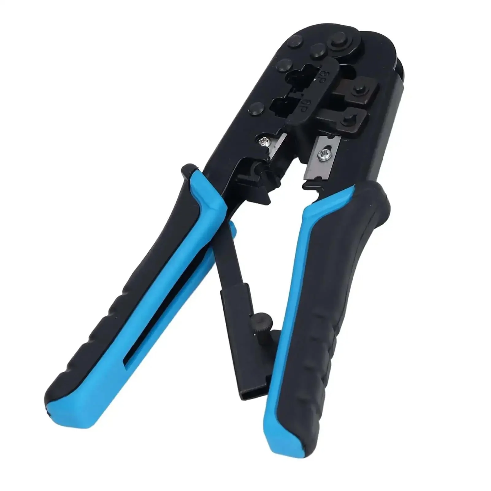 Ratcheting Crimping Tool Kit For Cat5 Ethernet With 8P And 6P Heads Easy Shear Blade Blue Black Finish Secure Cable Connections Pro Grade Pass Through - Image 4