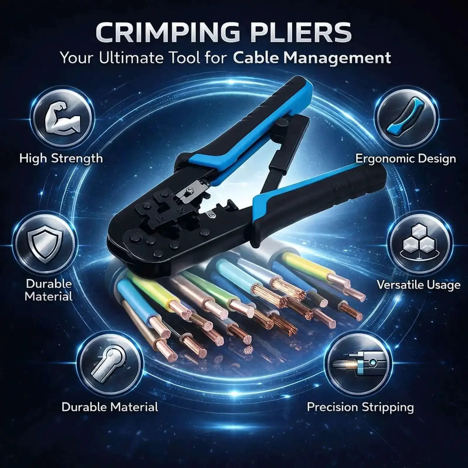 Ratcheting Crimping Tool Kit For Cat5 Ethernet With 8P And 6P Heads Easy Shear Blade Blue Black Finish Secure Cable Connections Pro Grade Pass Through - Image 8