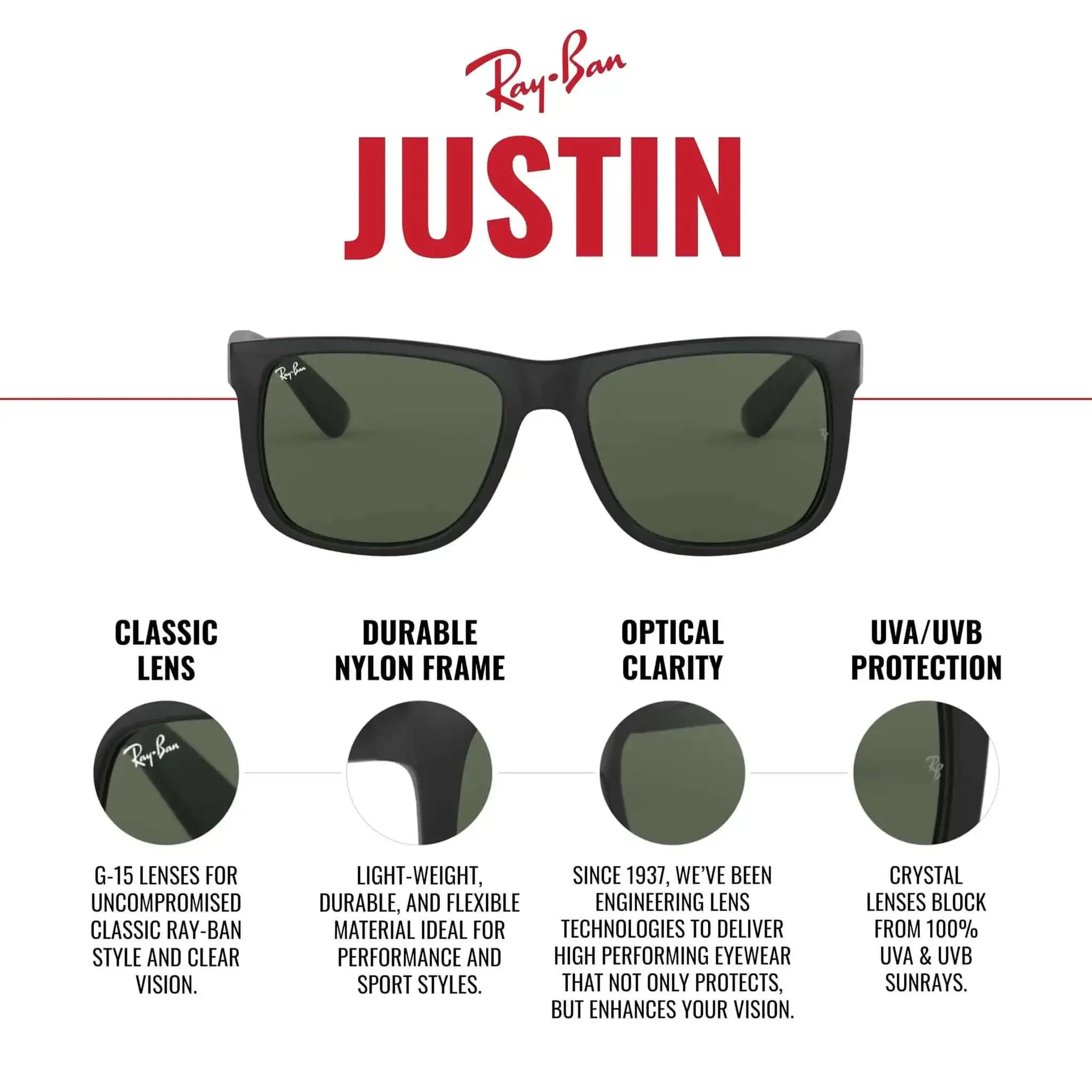 RB4165 Justin Unisex Rectangular Sunglasses With Lightweight Rubber Black Frame And Clear Lenses For Everyday Wear And Travel 55mm Eye Size Ideal For Narrow To Average Faces Comfortable All Day Wear - Image 5