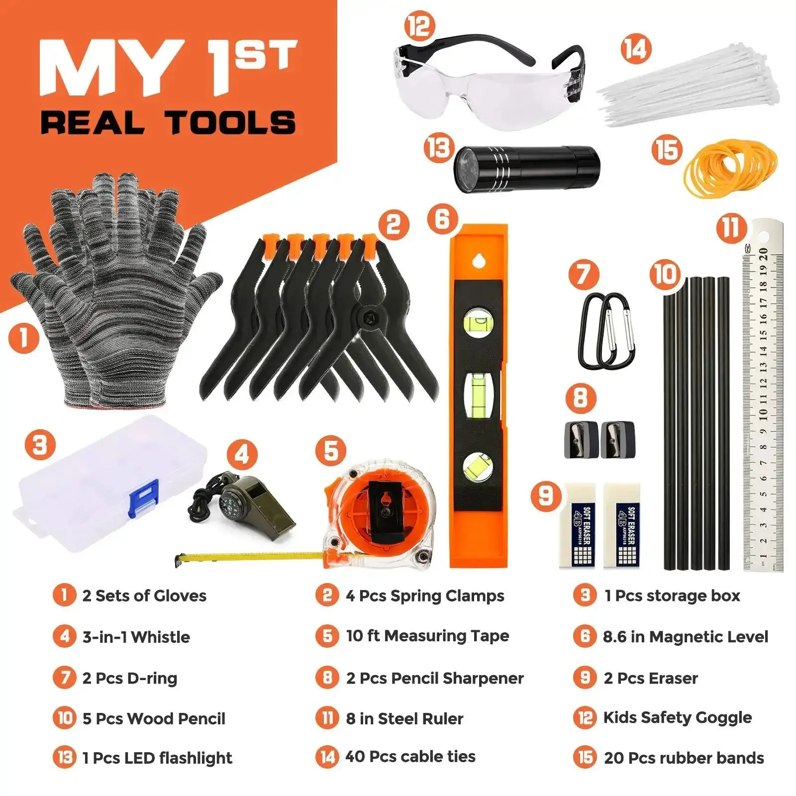 Real Deal 95 Piece Kids Tool Set For Home DIY And Woodworking Projects With Hammer, Screwdriver, Pliers, Measuring Tape, Safety Glasses, Gloves, Tool Belt, And Carry Bag Kid Friendly Build Learn Kit - Image 5