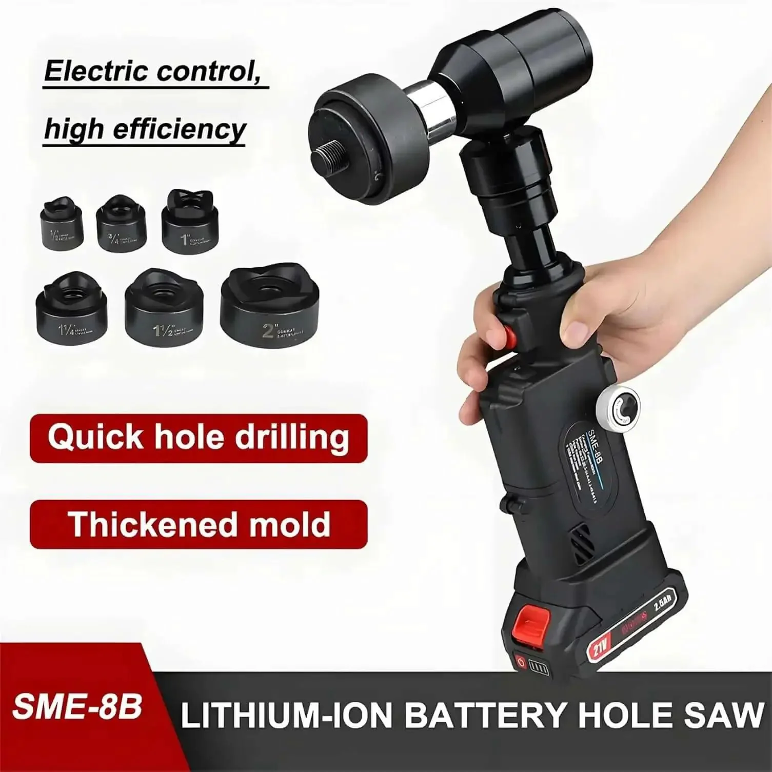 Rechargeable Hydraulic Hole Punch Kit With Six Dies For 22 To 60 mm Holes 21V Battery Pack With 2X2500mAh Cells 80KN Metal Punch Tool For Stainless Steel And Sheet Metal Automatic Operation For Fast Precise Holes - Image 7