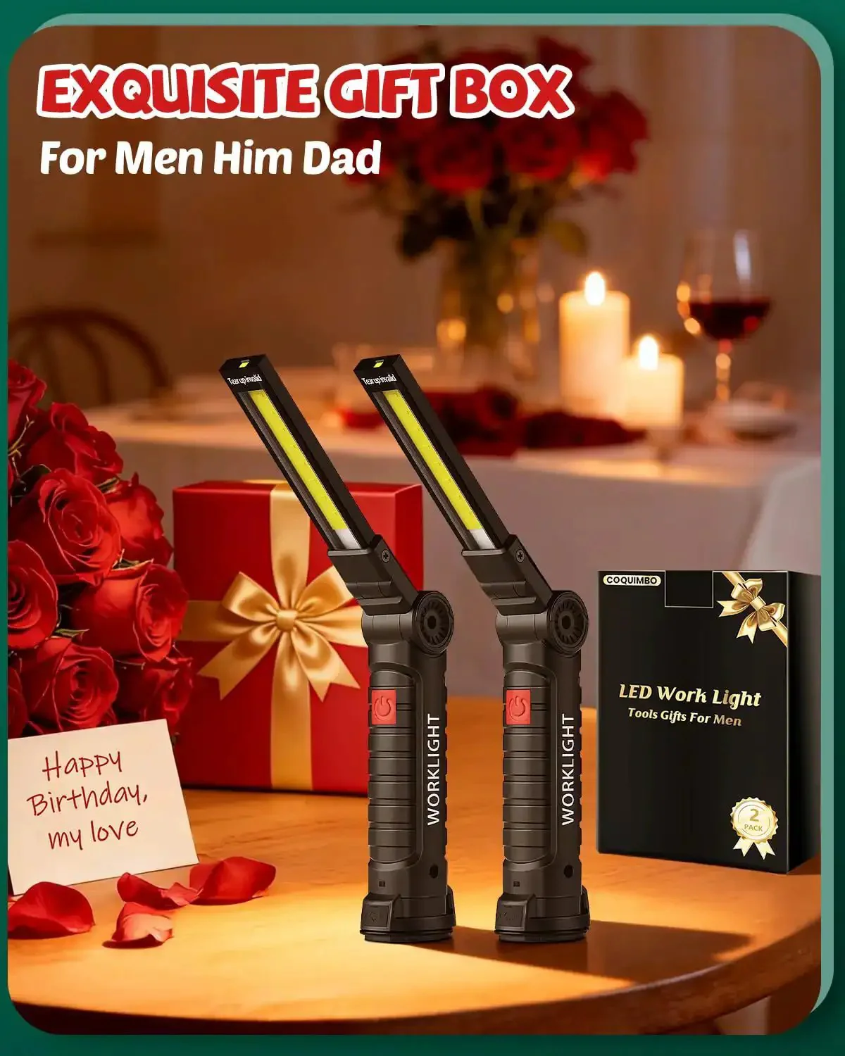 Rechargeable LED Work Light For Men With Magnetic Base And 360 Degree Rotating Mechanic Flashlight Two Pack Black Ideal Fathers Day Gift Dad Gift Husband Gift Easter Birthday BBQ Grill Tool - Image 8