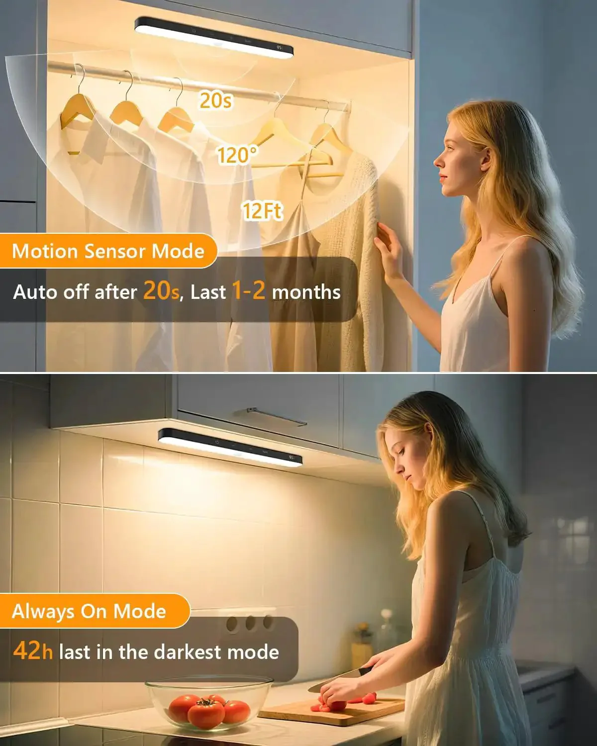 Rechargeable Motion Sensor Closet Lights With Battery Level Display, 60 LED Under Cabinet Lighting For Kitchen And Cupboard, Dimmable Touch Control, USB C Rechargeable, Easy Install, 2 Pack - Image 7