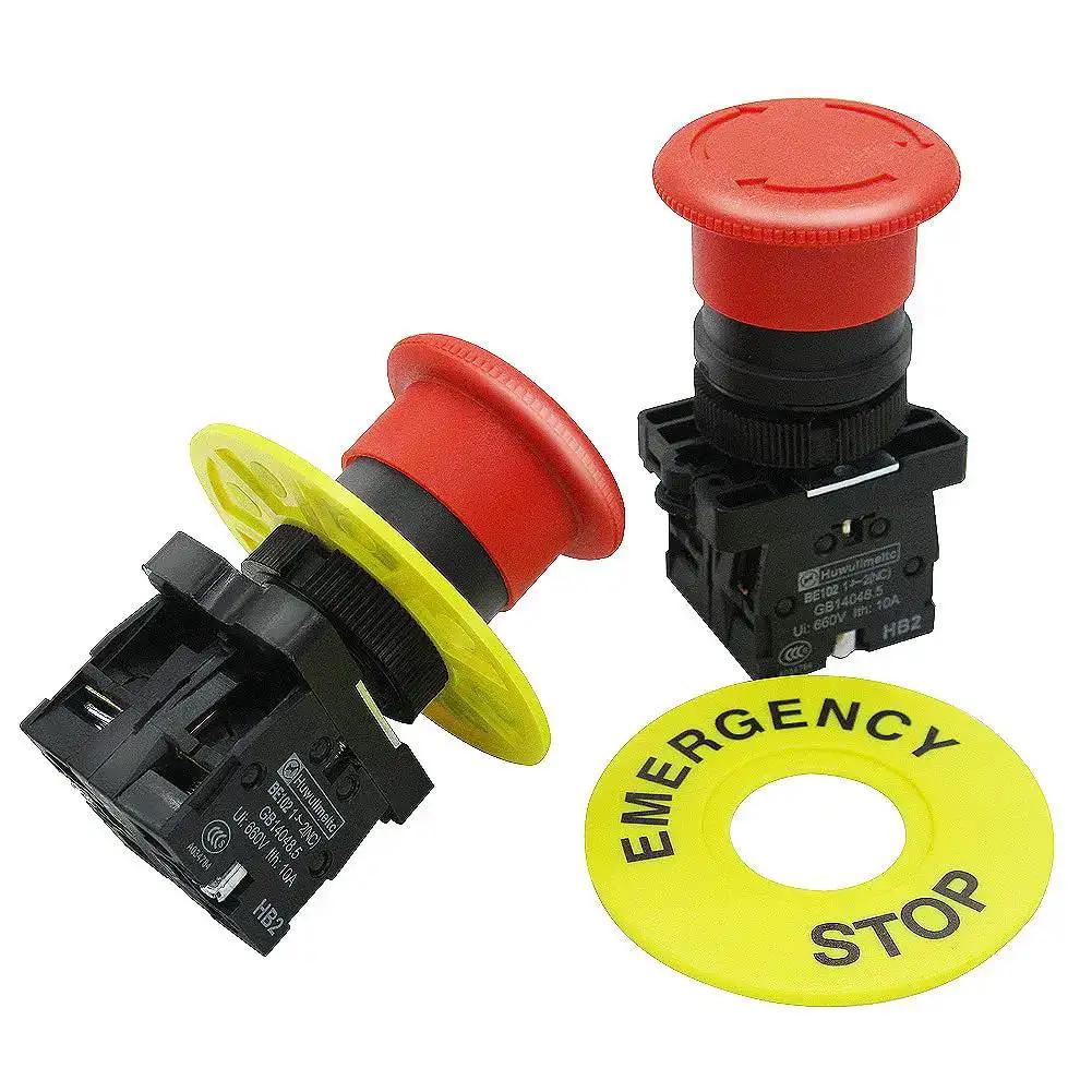 Red 22mm Mushroom Emergency Stop Push Button Switch 2NC Latching With Panel Mount 660V AC 10A 2 Pack Adjustable Mount Hole Durable Safety Stop Button HB2ES544 1 Year Warranty