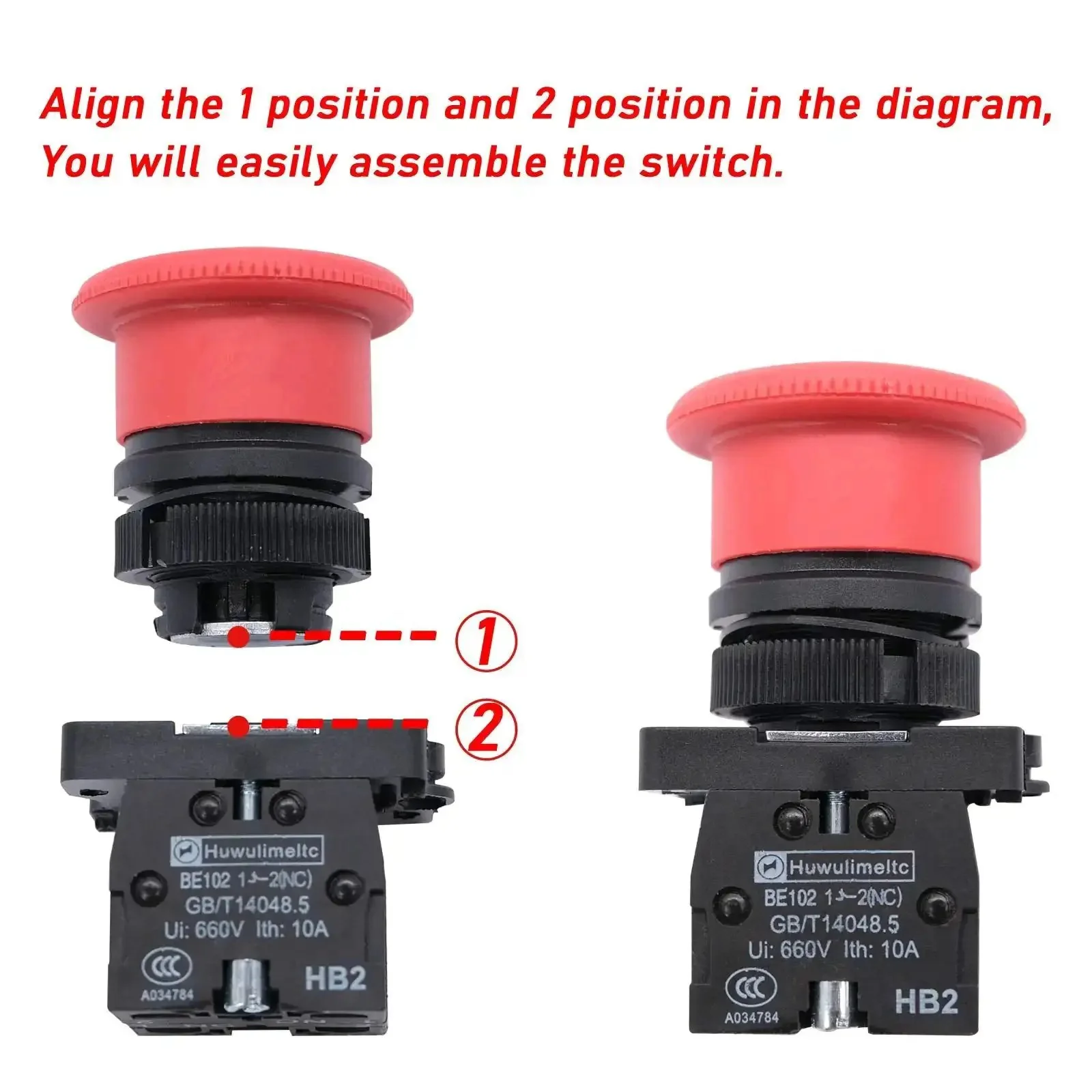 Red 22mm Mushroom Emergency Stop Push Button Switch 2NC Latching With Panel Mount 660V AC 10A 2 Pack Adjustable Mount Hole Durable Safety Stop Button HB2ES544 1 Year Warranty - Image 6