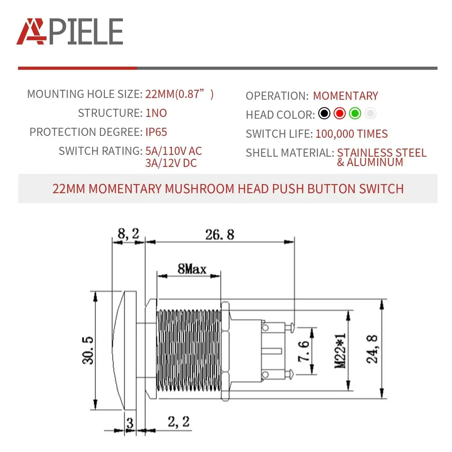 Red 22mm Mushroom Head Momentary Push Button Switch IP65 Waterproof 5A SPST 12V 24V 36V DC 110V 250V AC For Panel Mount Durable Industrial Push Button Built Tough - Image 7