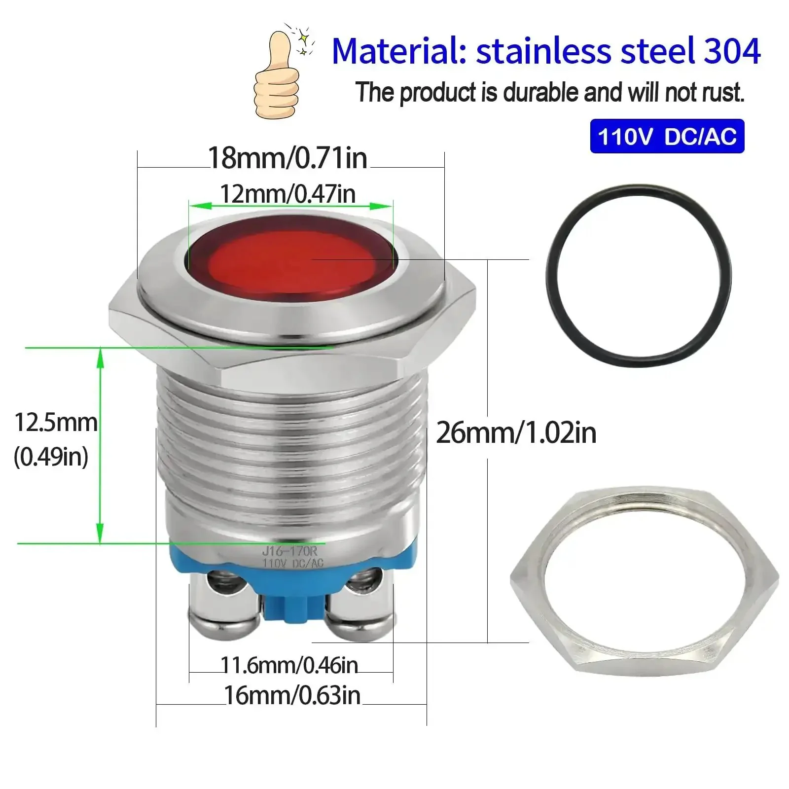 Red And Green LED Indicator Light 16mm Mounting Hole Five Eighths Inch Waterproof Stainless Steel Pilot Panel Lamp 110 To 120 Volt AC DC Two Pack IP67 Rated And Easy Screw Terminal Connection - Image 3